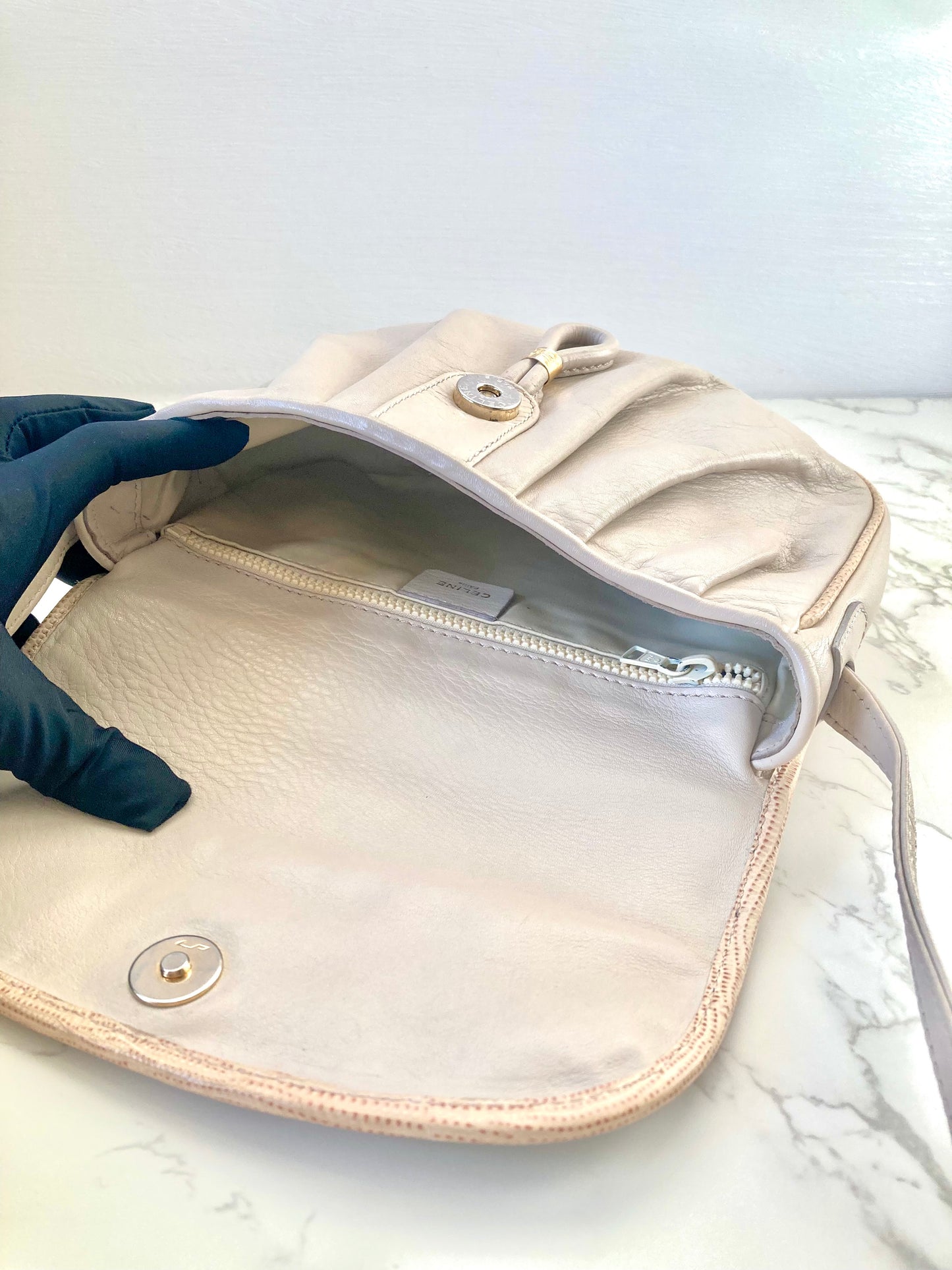 CELINE Rare White Gold Triomphe Coin Crossbody Bag