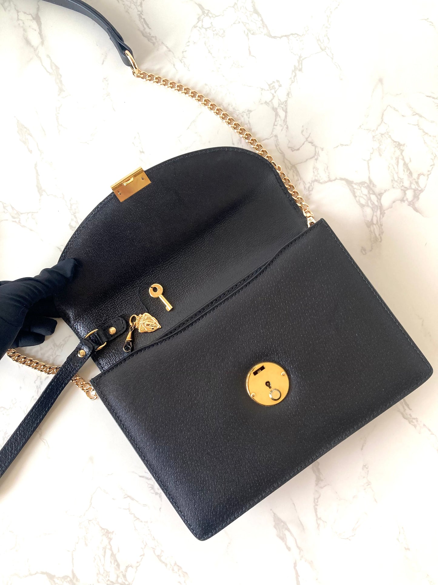 GUCCI Black x Gold Calf Leather Two-way Shoulder Bag / Clutch Bag