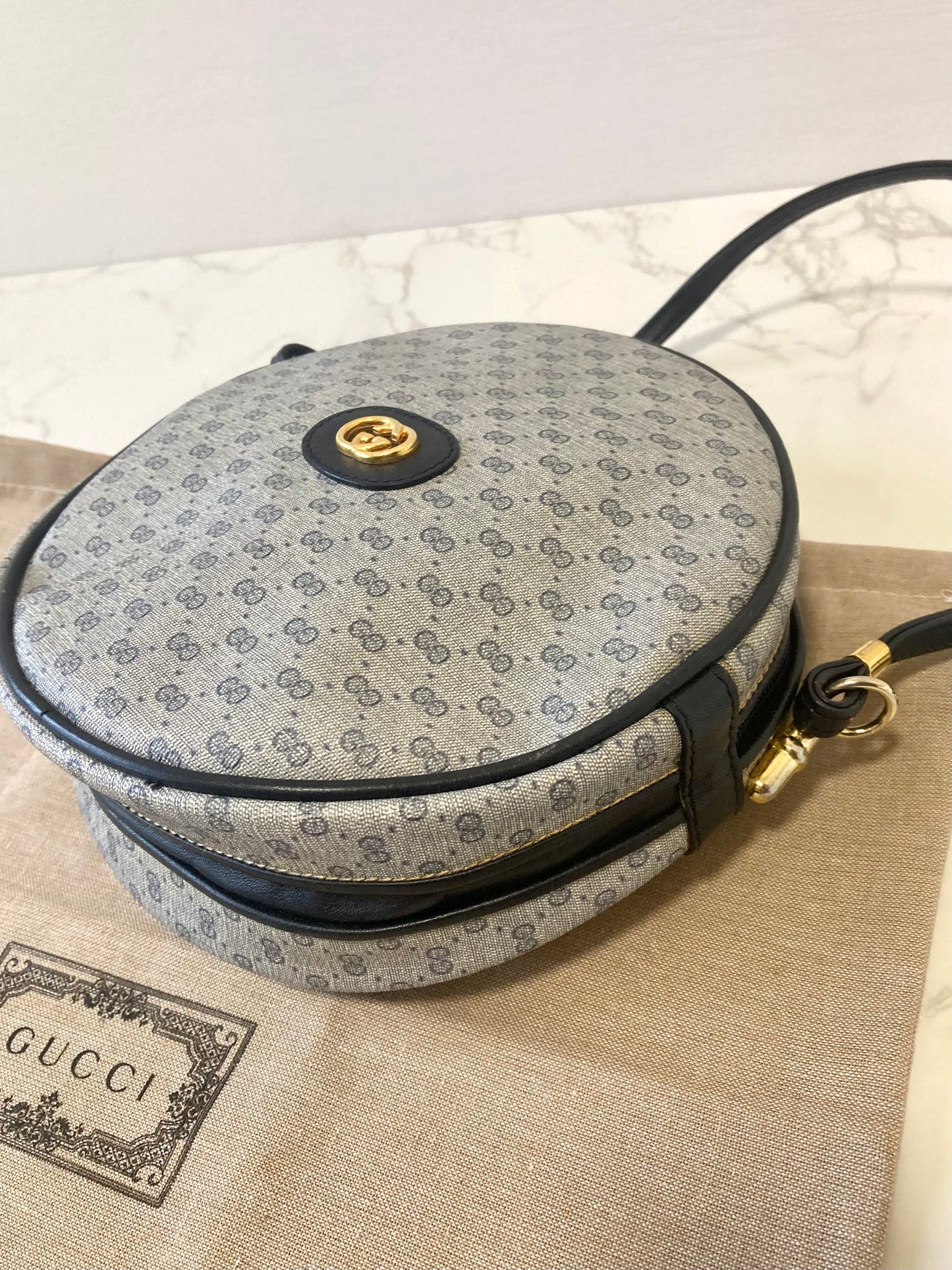 GUCCI Rare Round-shape Navy Monogram Shoulder Bag
