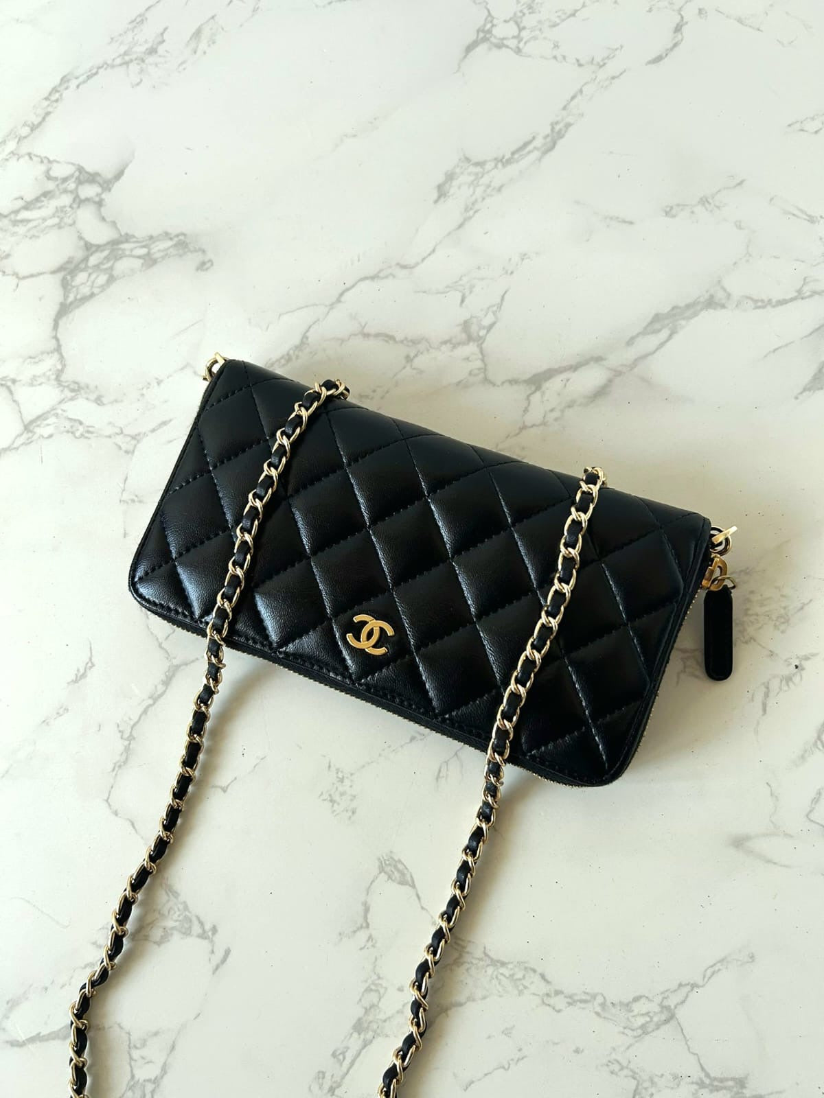 CHANEL black and gold lambskin WOC/wallet/side bag/crossbody bag