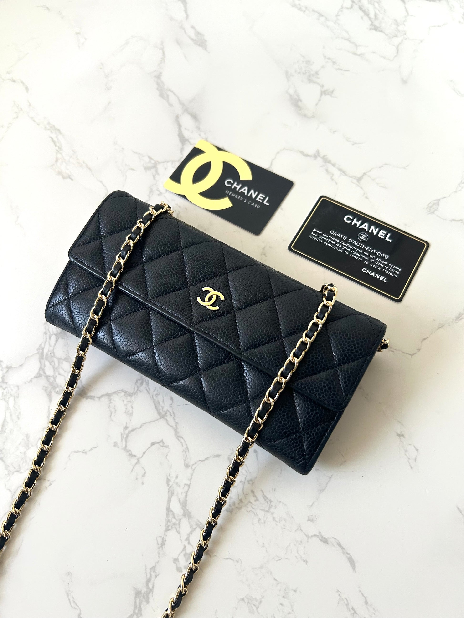 CHANEL Black Gold Caviar Leather WOC Side Bag/Messenger Bag/Long Wallet