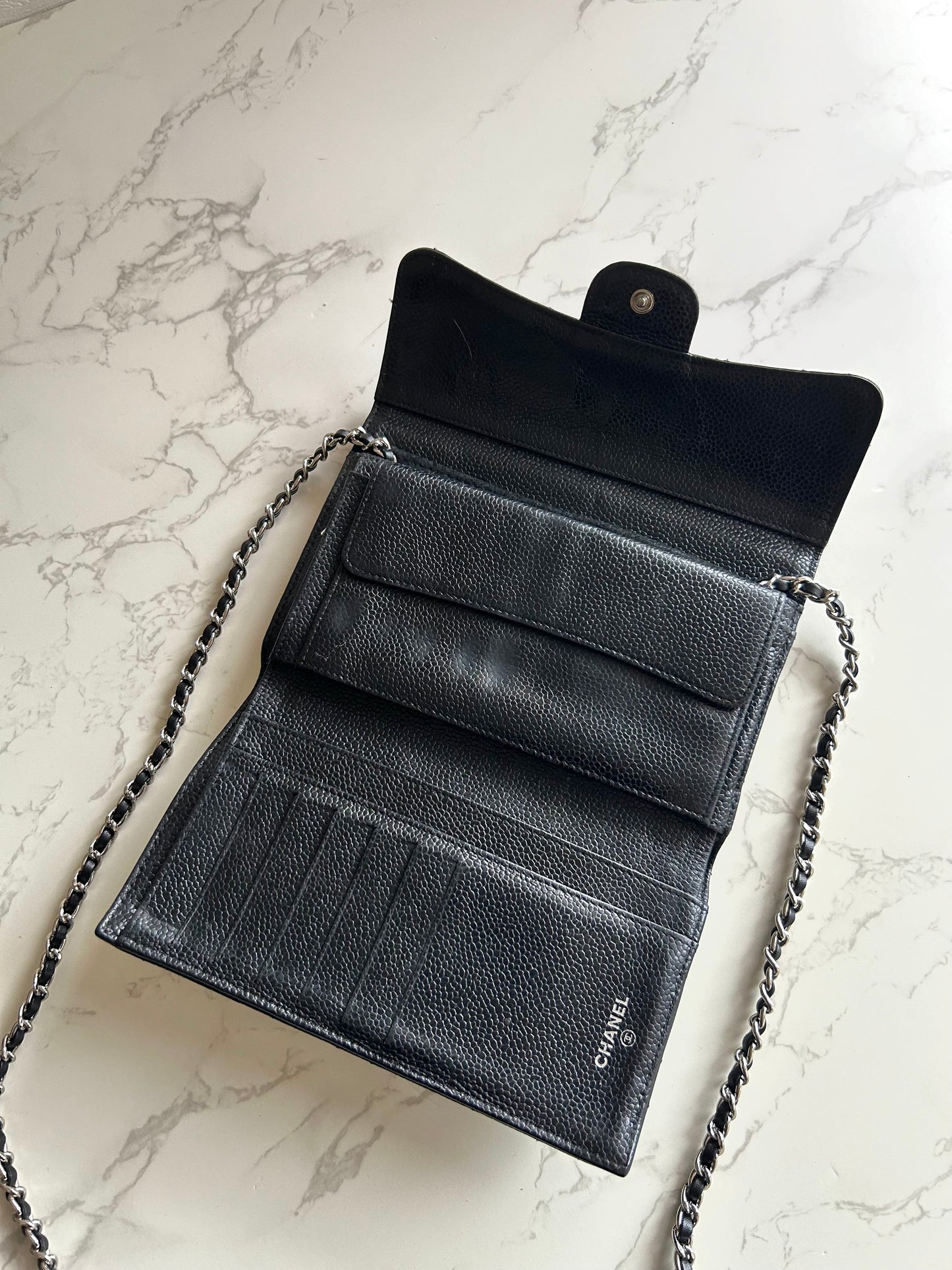 CHANEL 黑色魚子醬皮革長夾錢包/鏈條側背包/斜背包 - 日本中古二手Vintage