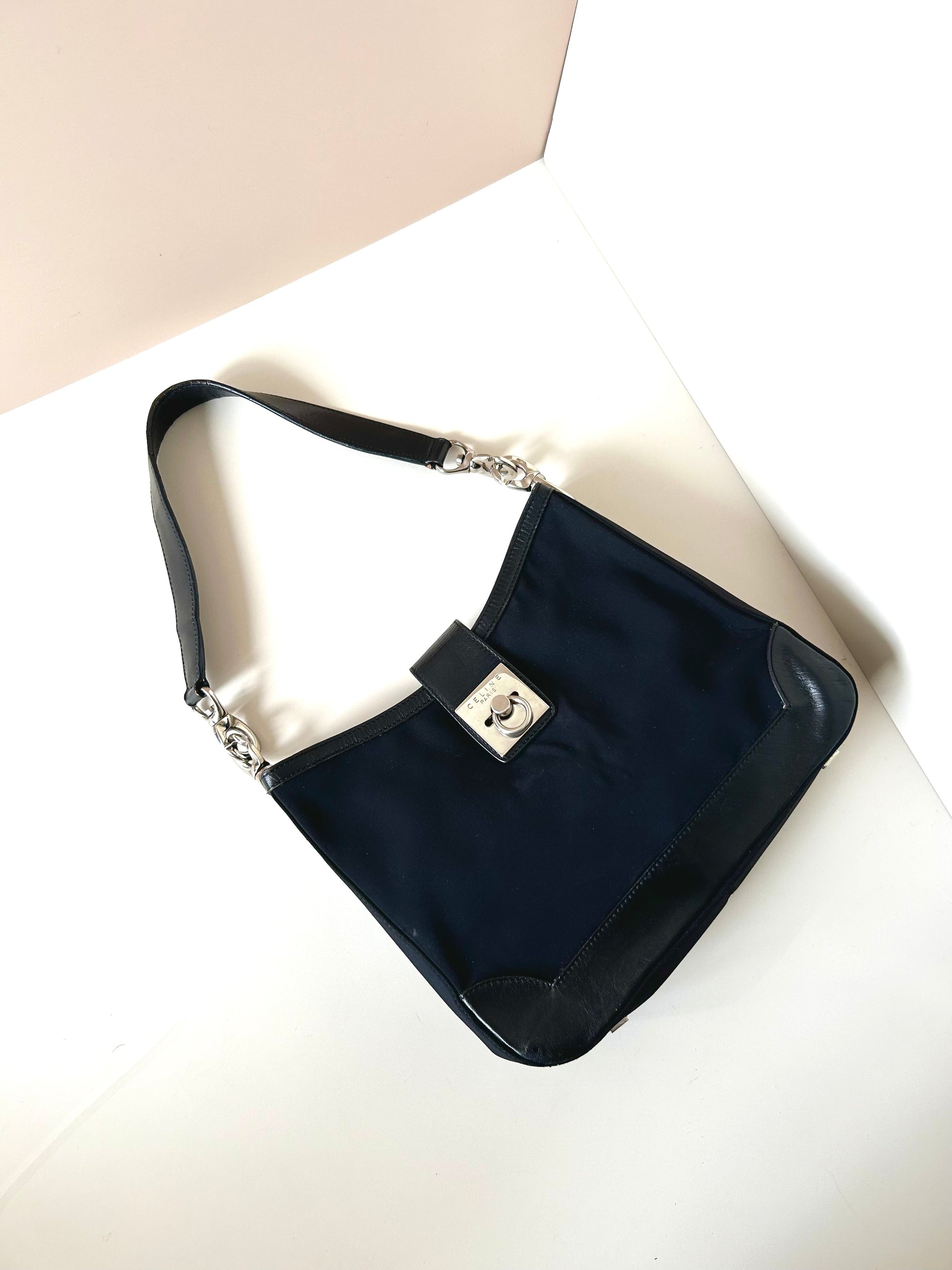 CELINE rare black silver ring patchwork leather Blason side backpack / shoulder bag