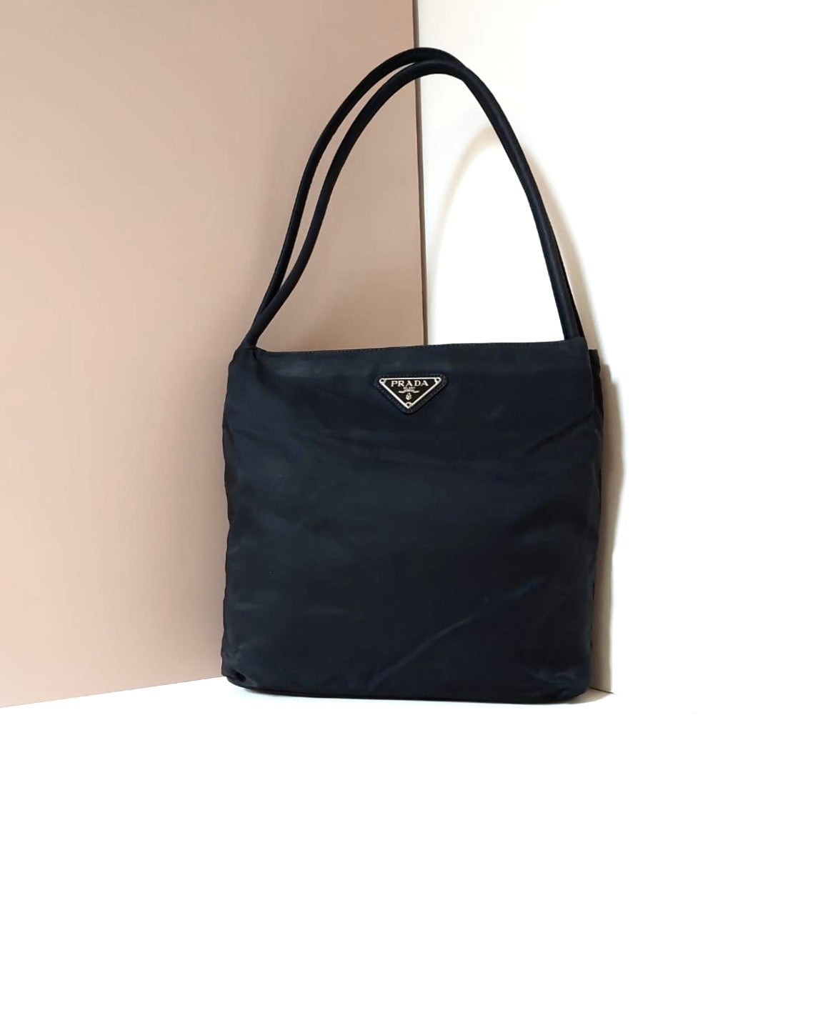 PRADA black silver triangle nylon tote bag/shoulder bag/handbag