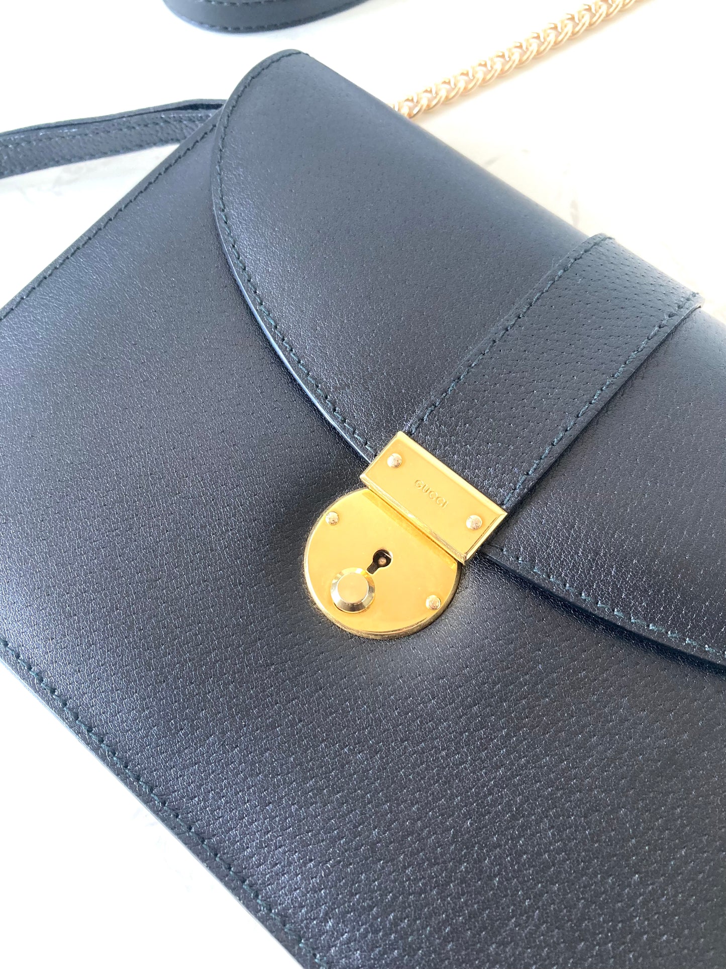 GUCCI Black x Gold Calf Leather Two-way Shoulder Bag / Clutch Bag