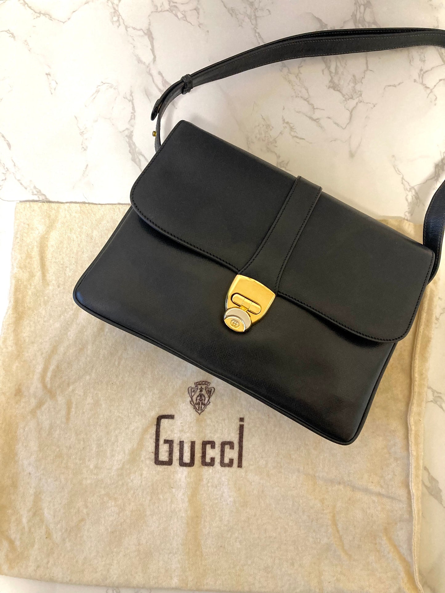 GUCCI Black x Gold Leather Shoulder Bag