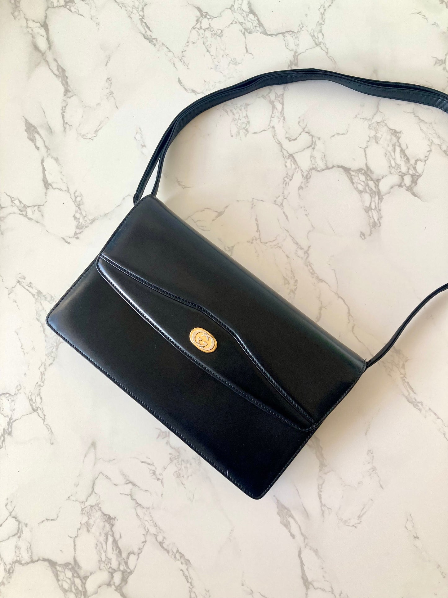 GUCCI Black x Gold Calf Leather Envelope Crossbody Bag