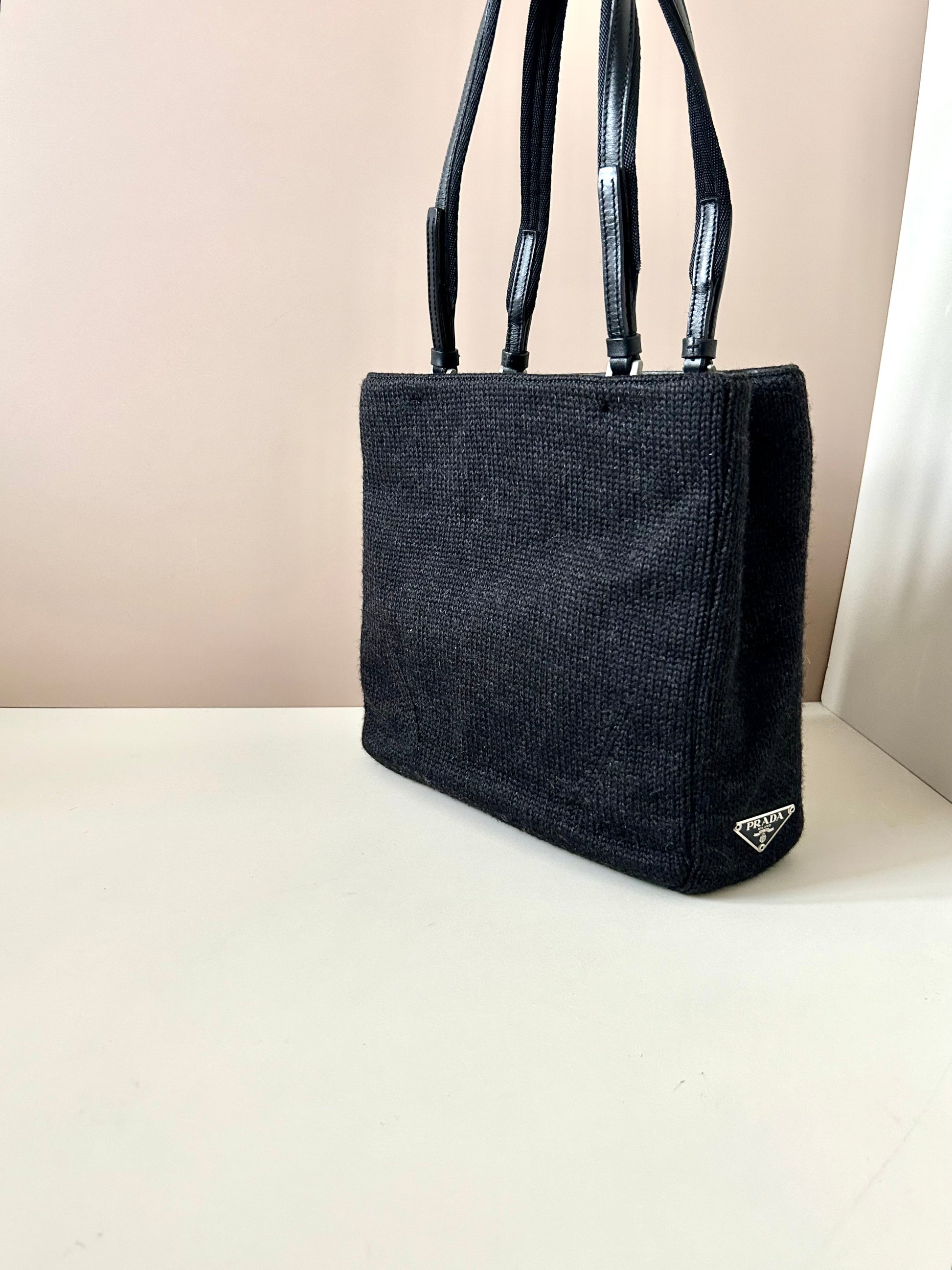 PRADA rare black woven small tote bag/shoulder bag/side backpack