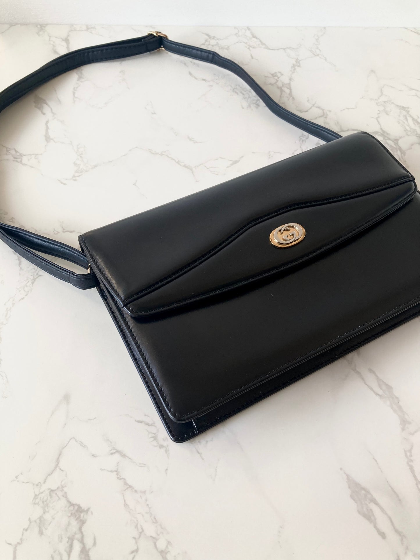 GUCCI Black x Gold Calf Leather Envelope Crossbody Bag
