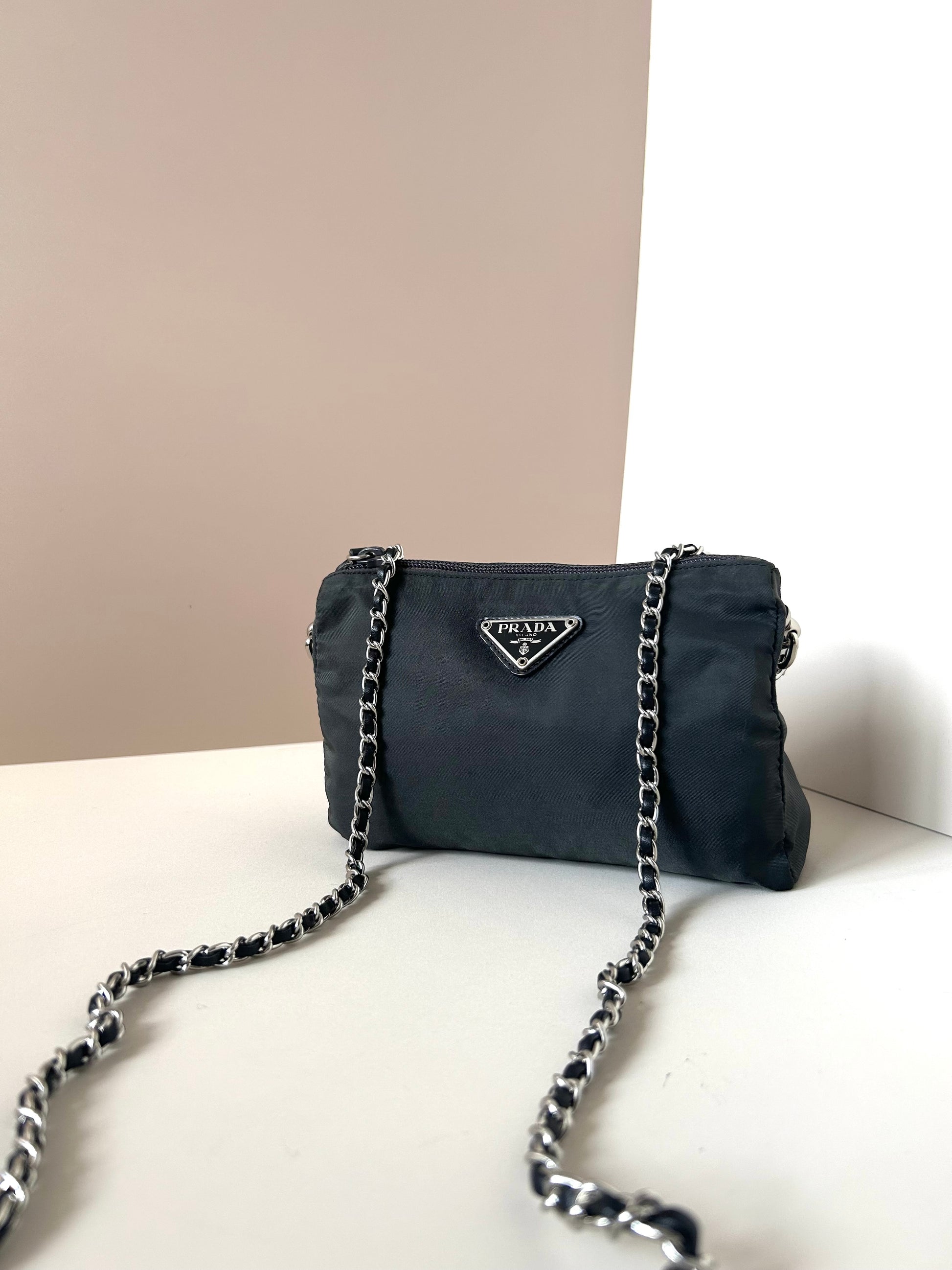 PRADA parachute black chain small bag/shoulder bag/side backpack