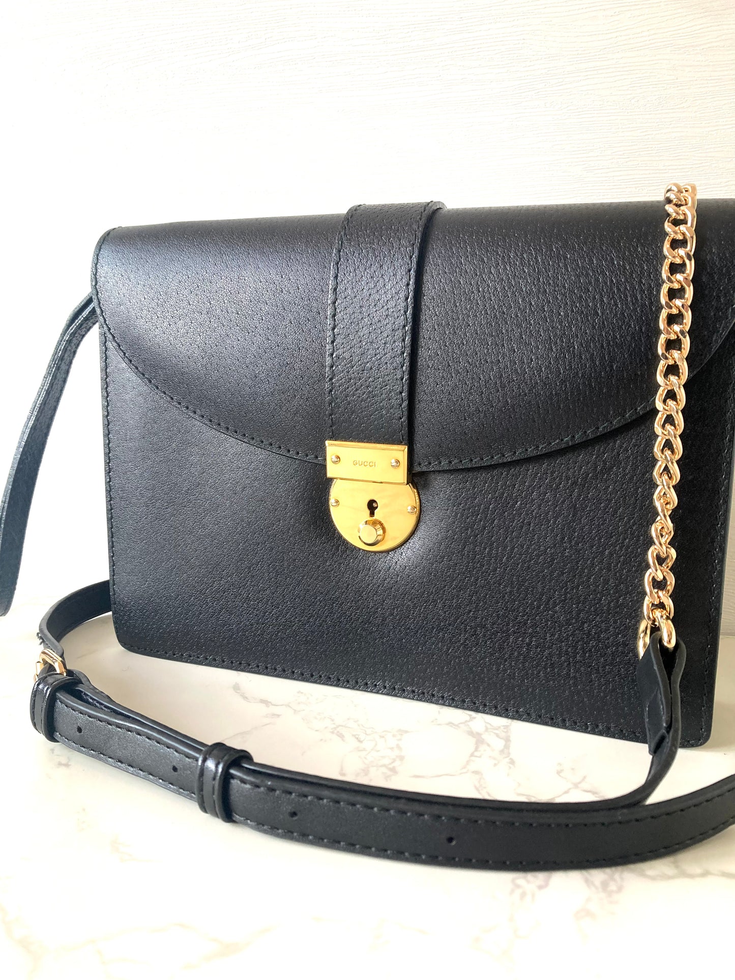 GUCCI Black x Gold Calf Leather Two-way Shoulder Bag / Clutch Bag