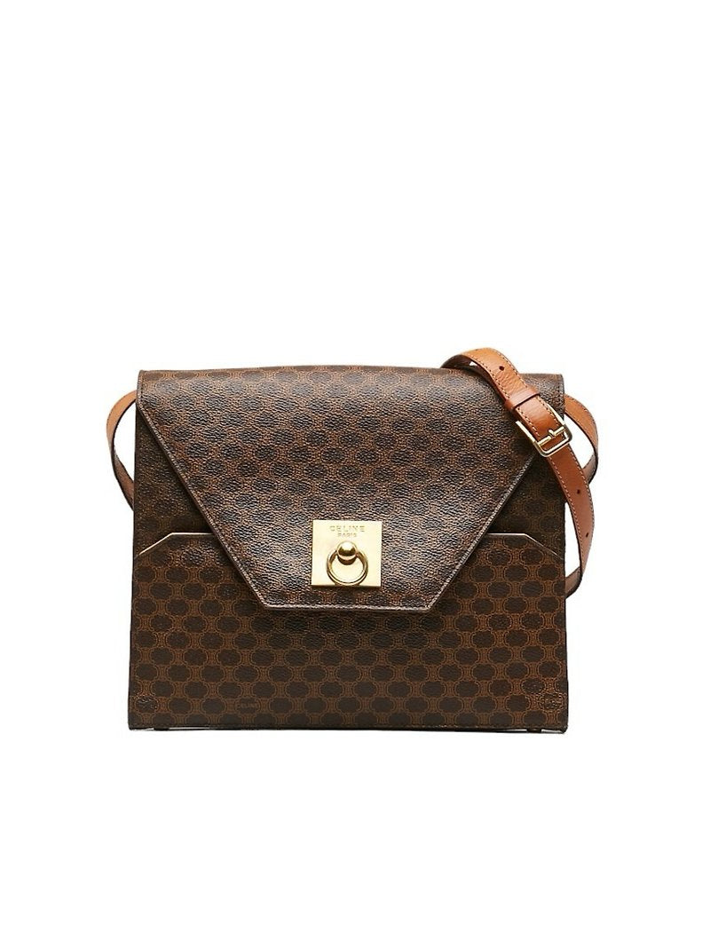 CELINE Brown Old Flower Leather Gold Buckle Small Envelope Box Bag/Side Bag/Messenger Bag