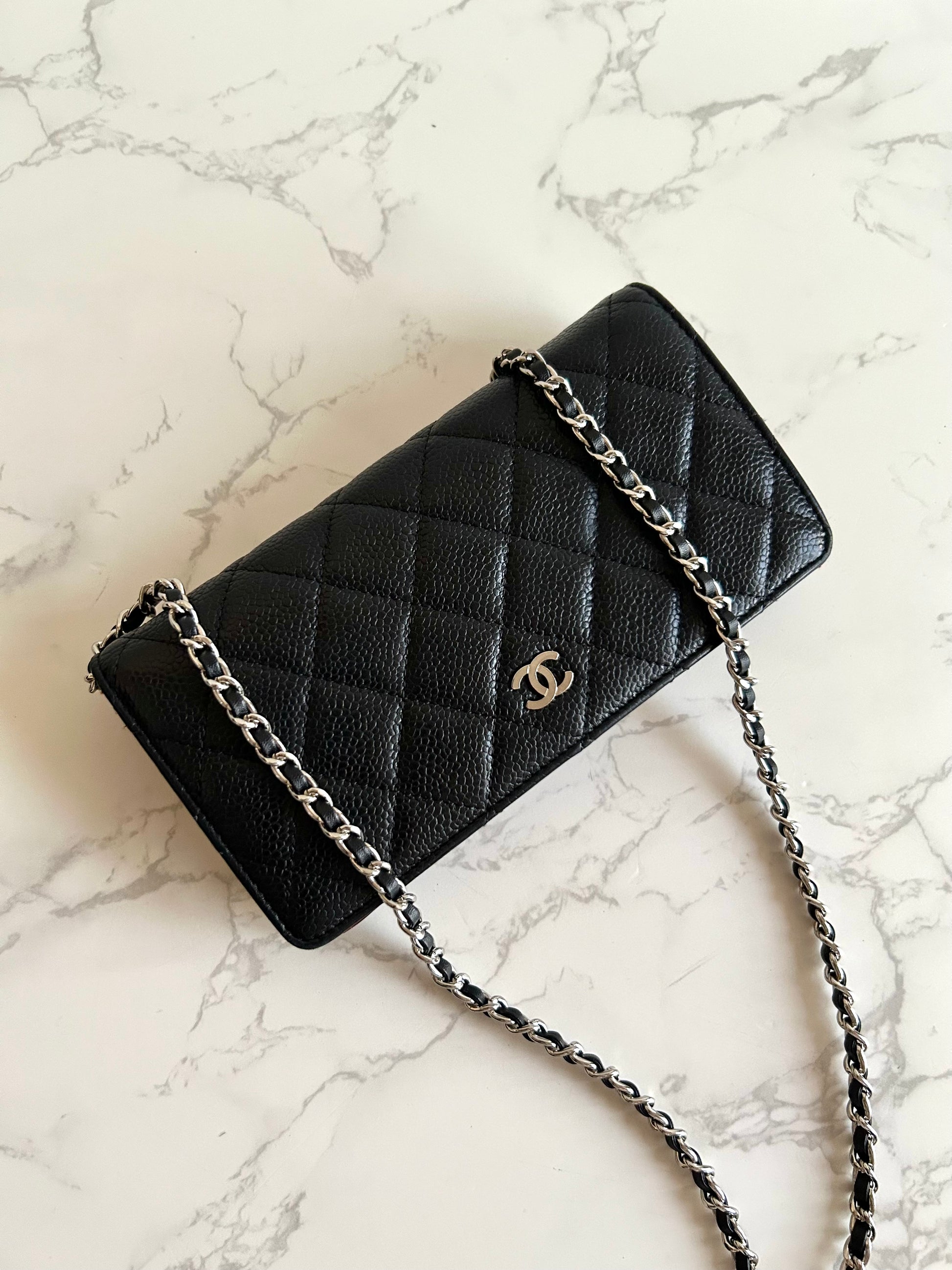CHANEL Black Caviar Leather WOC Long Wallet / Side Bag / Crossbody Bag
