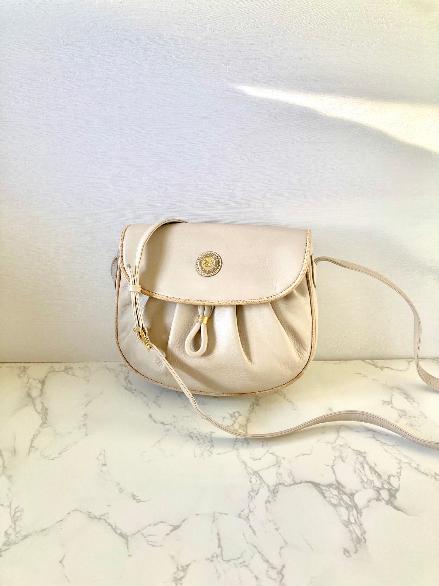 CELINE Rare White Gold Triomphe Coin Crossbody Bag
