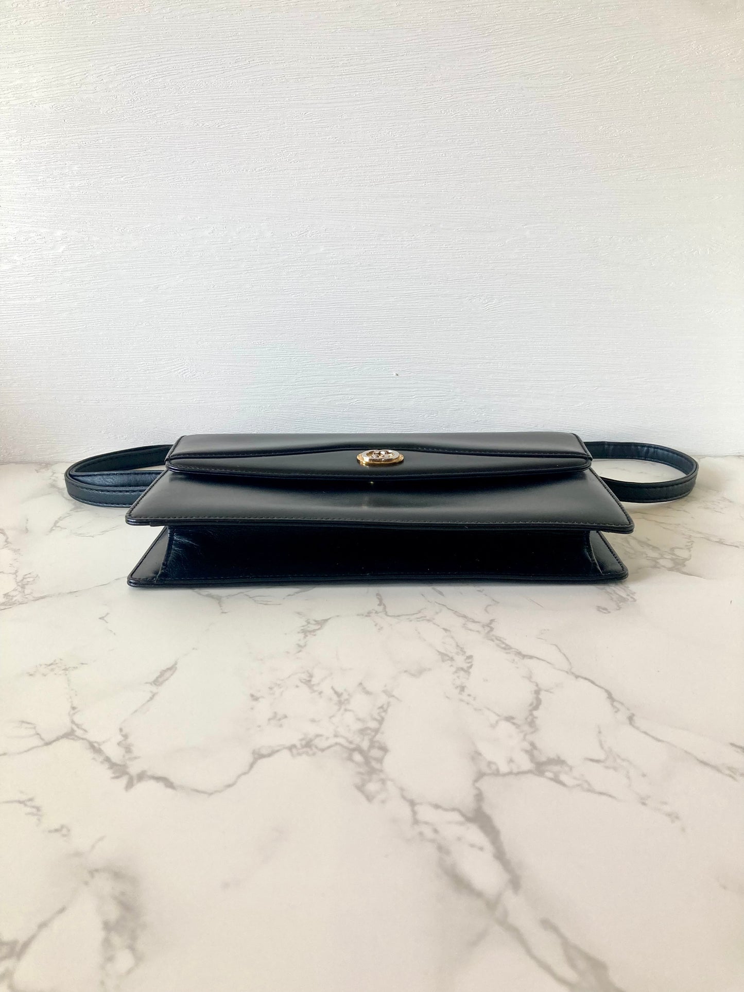 GUCCI Black x Gold Calf Leather Envelope Crossbody Bag