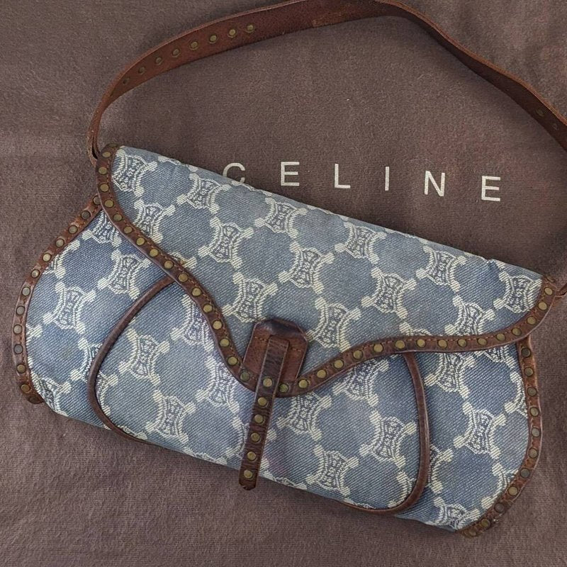 CELINE rare denim blue old flower leather small bag / side backpack / underarm bag