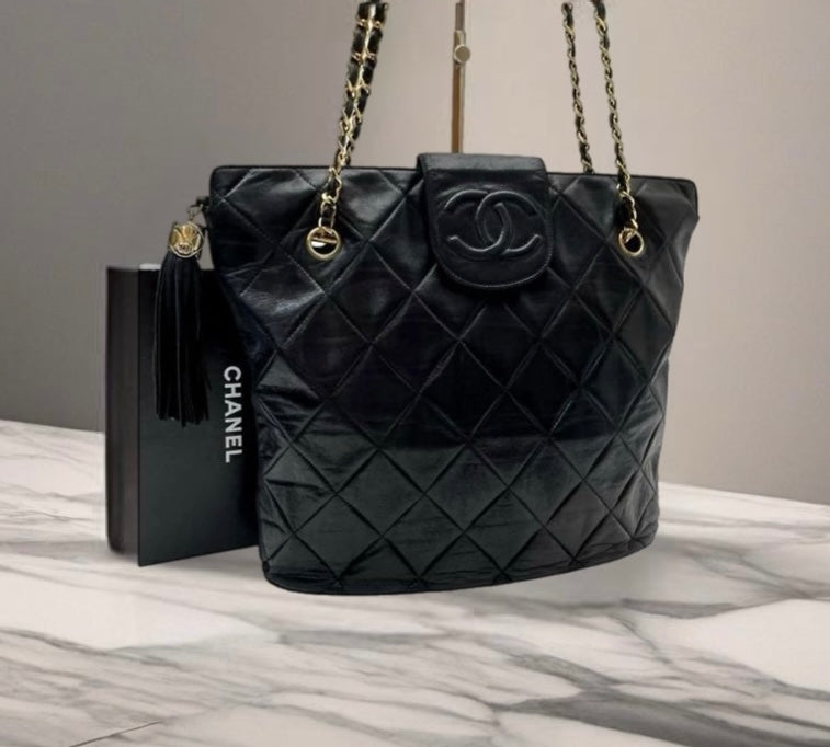 CHANEL rare black gold tassel chain leather bucket bag / small tote bag / side backpack