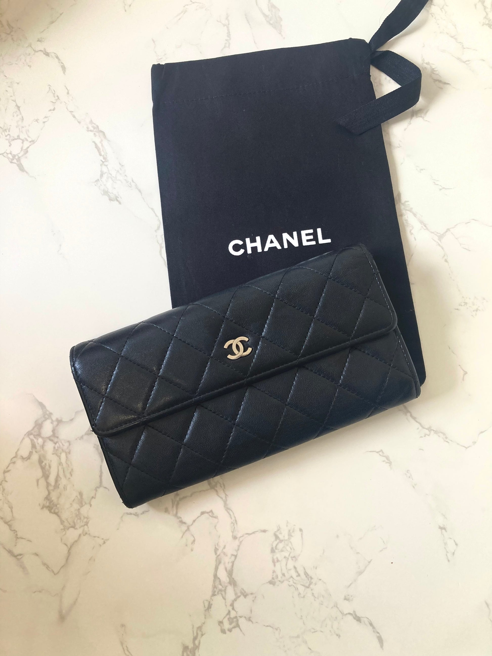 CHANEL Classic Black Lamb Skin Long Wallet