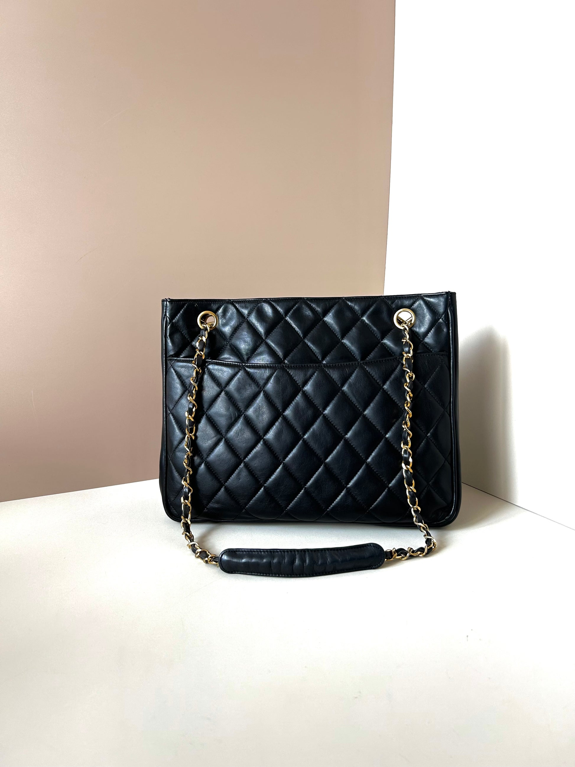 CHANEL Black Metalasse lambskin chain tote bag / side bag