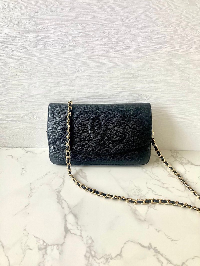 CHANEL 稀有黑色魚子醬鏈條帶WOC/側背包/斜背包
