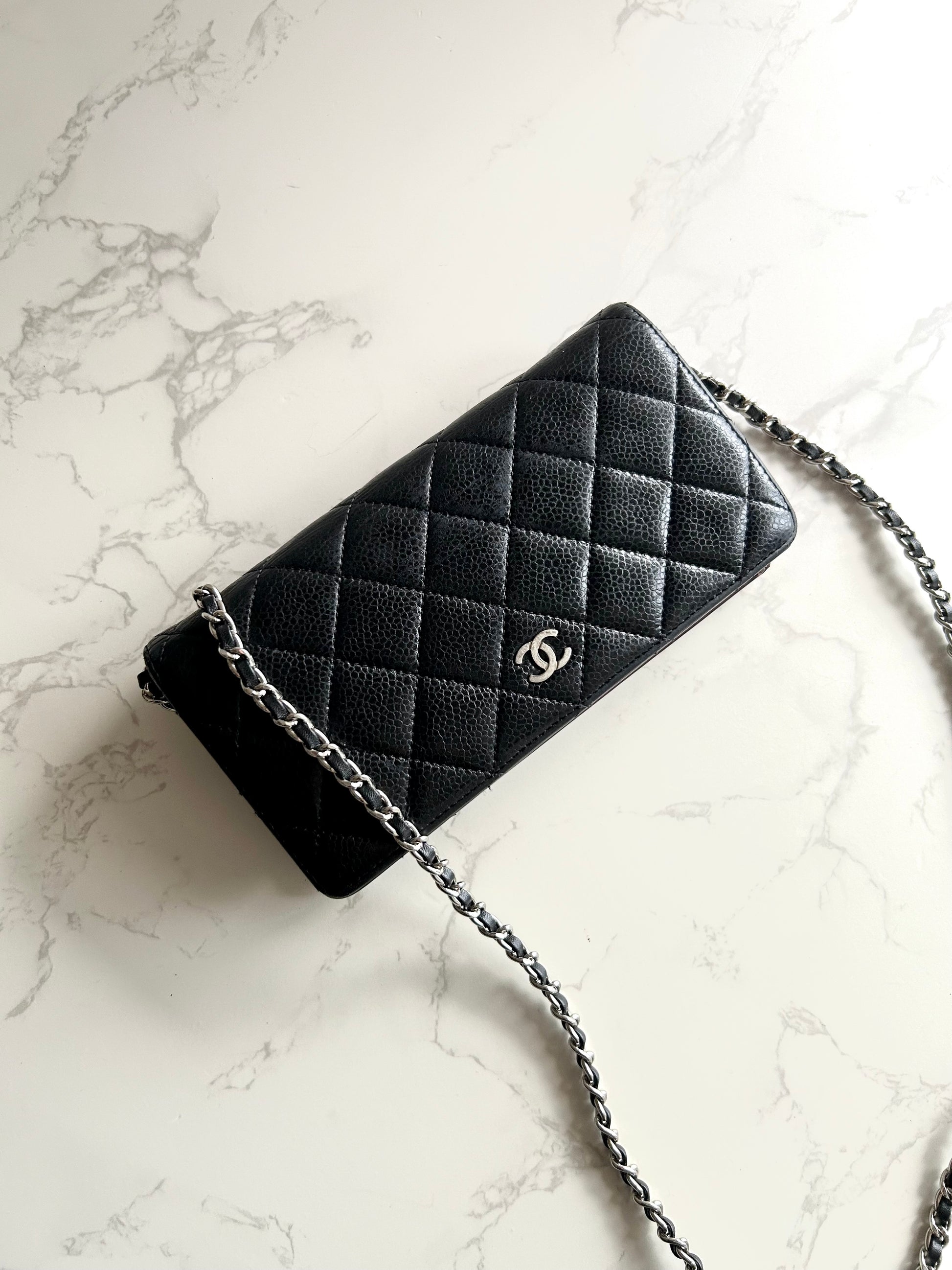 CHANEL Black Caviar Leather Long Wallet / Chain Side Bag / Crossbody Bag WOC