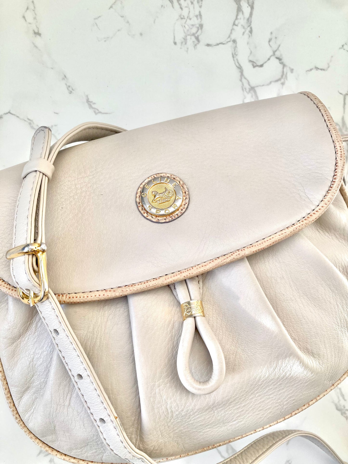 CELINE Rare White Gold Triomphe Coin Crossbody Bag