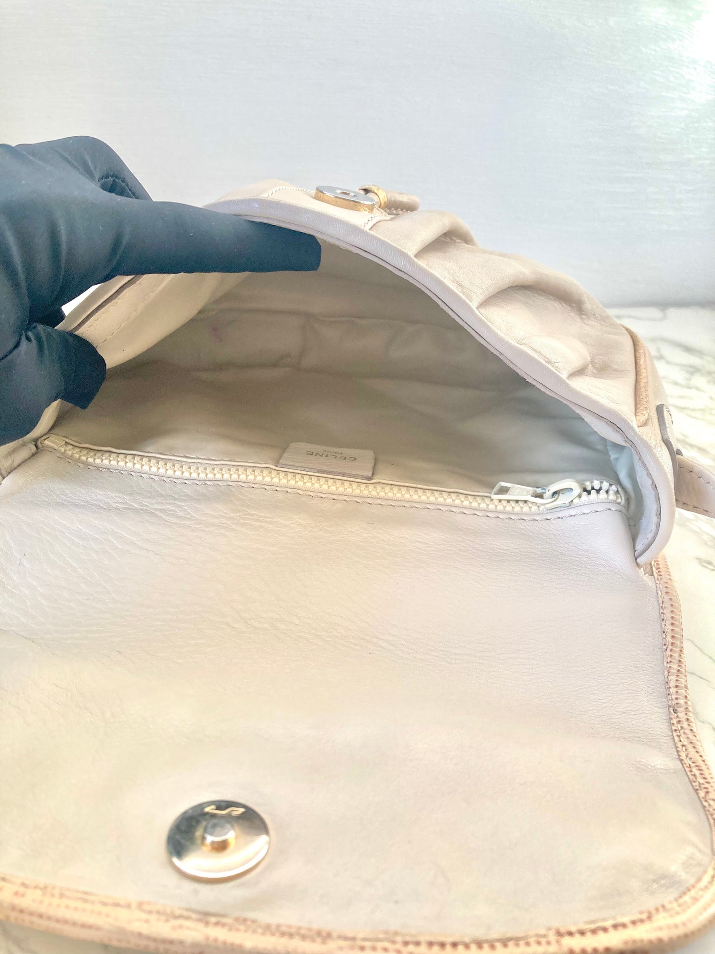 CELINE Rare White Gold Triomphe Coin Crossbody Bag