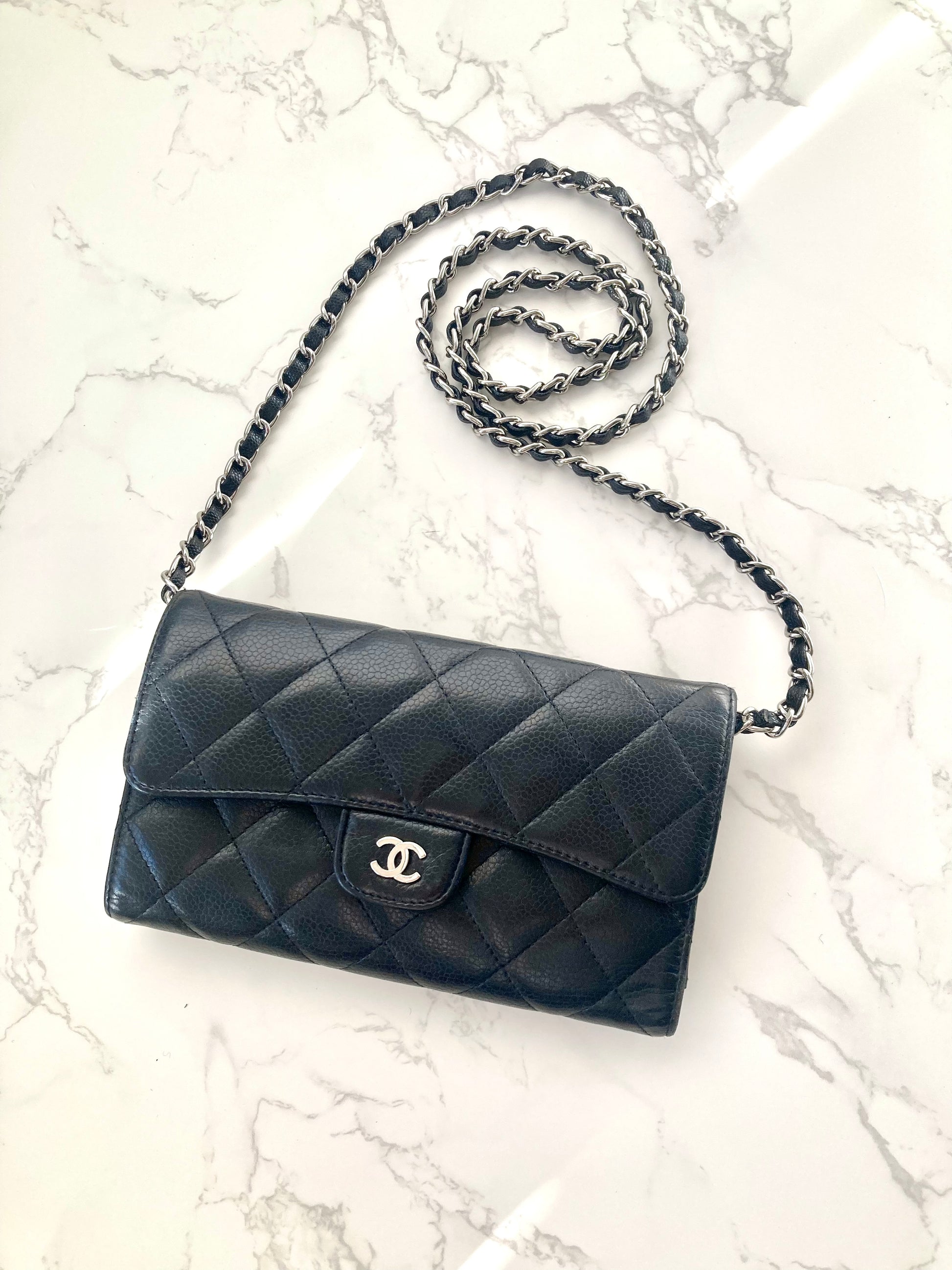 CHANEL Black Caviar Leather Classic Flap Wallet-on-Chain WOC (Add-on Chain)