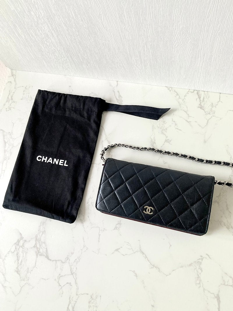 CHANEL Black lambskin long wallet/chain strap side bag/crossbody bag - Japanese second-hand Vintage