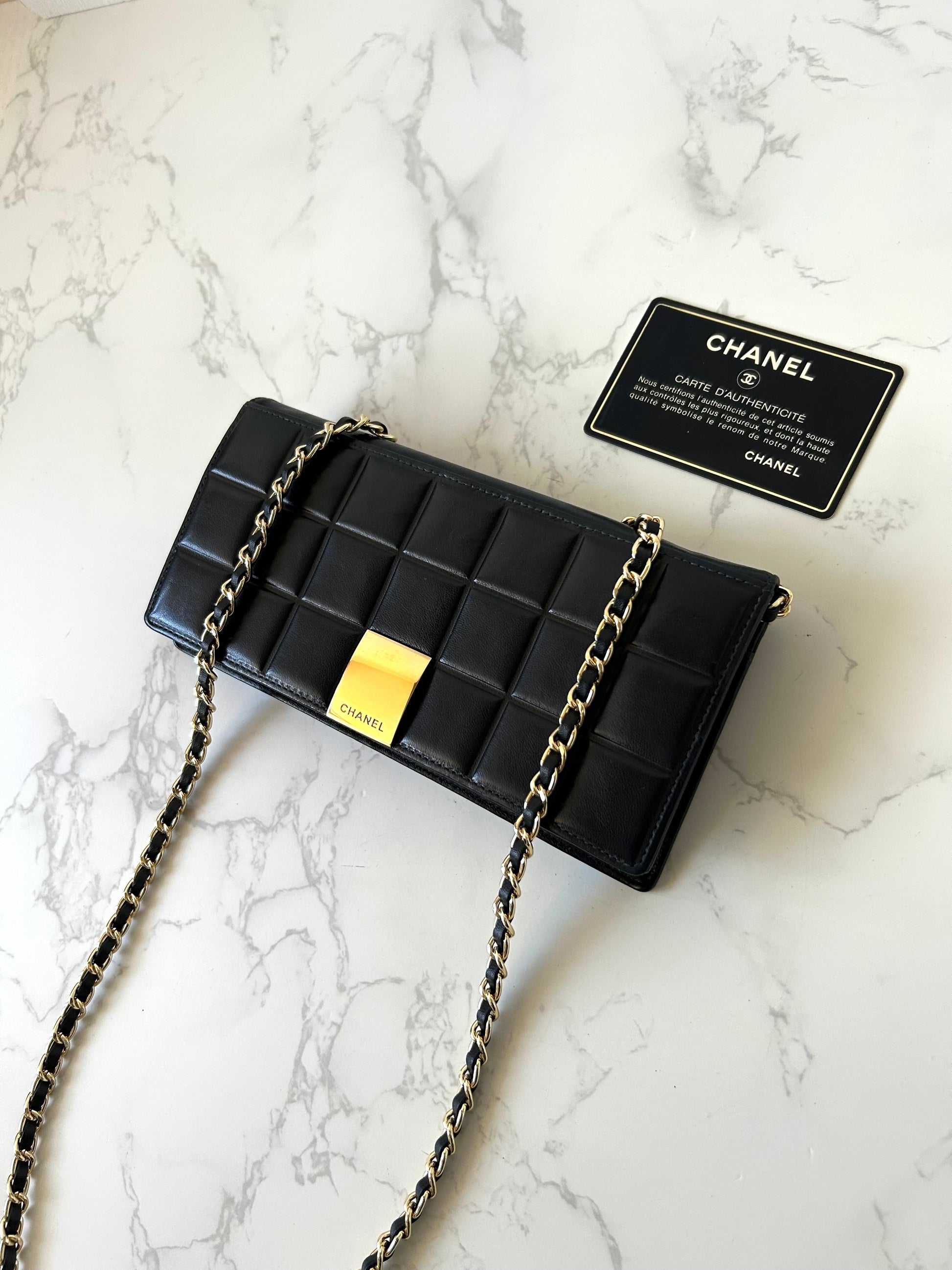 CHANEL 黑色冰格金扣WOC長錢包/斜背包/側背包