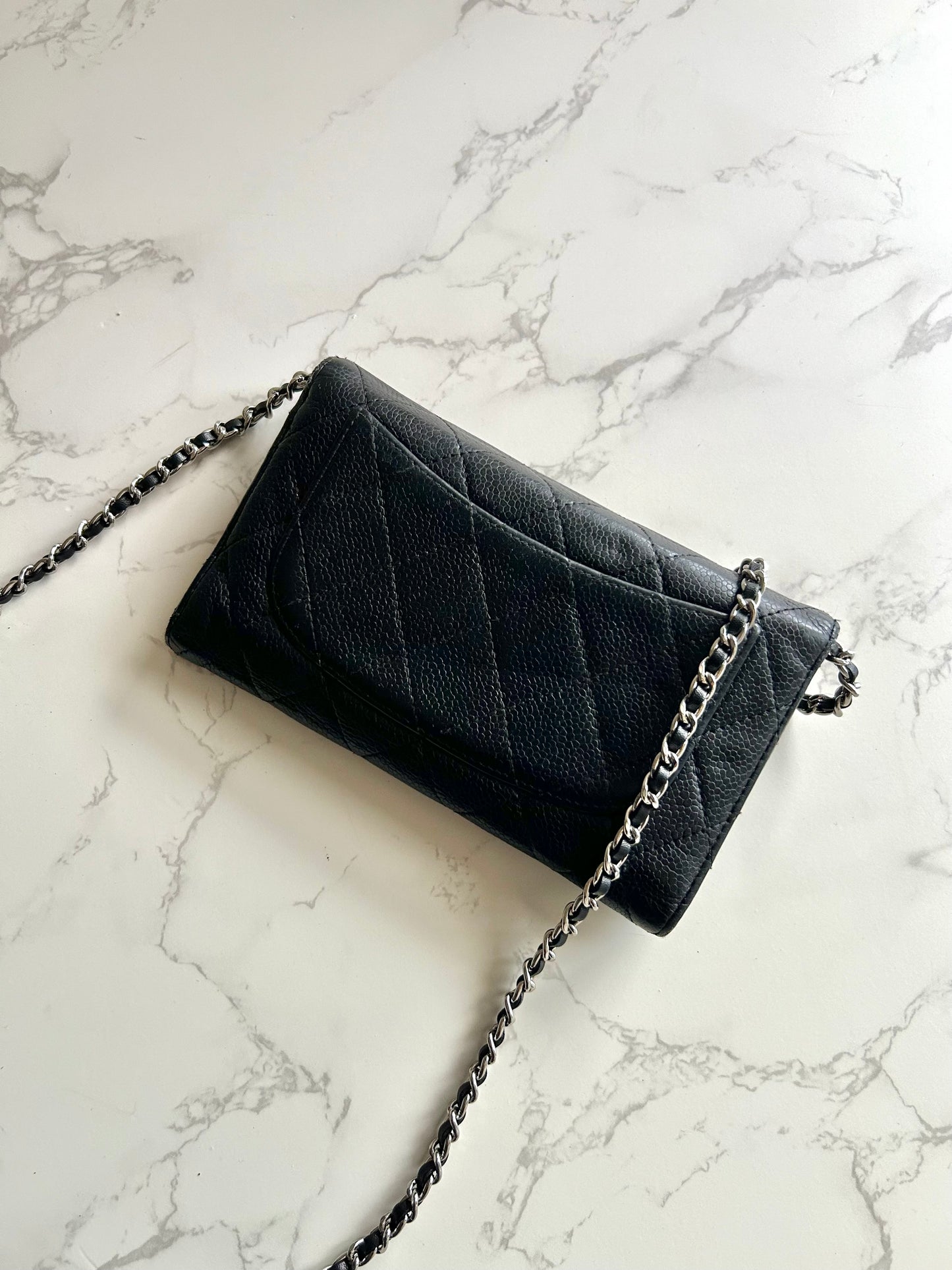 CHANEL 黑色魚子醬皮革長夾錢包/鏈條側背包/斜背包 - 日本中古二手Vintage