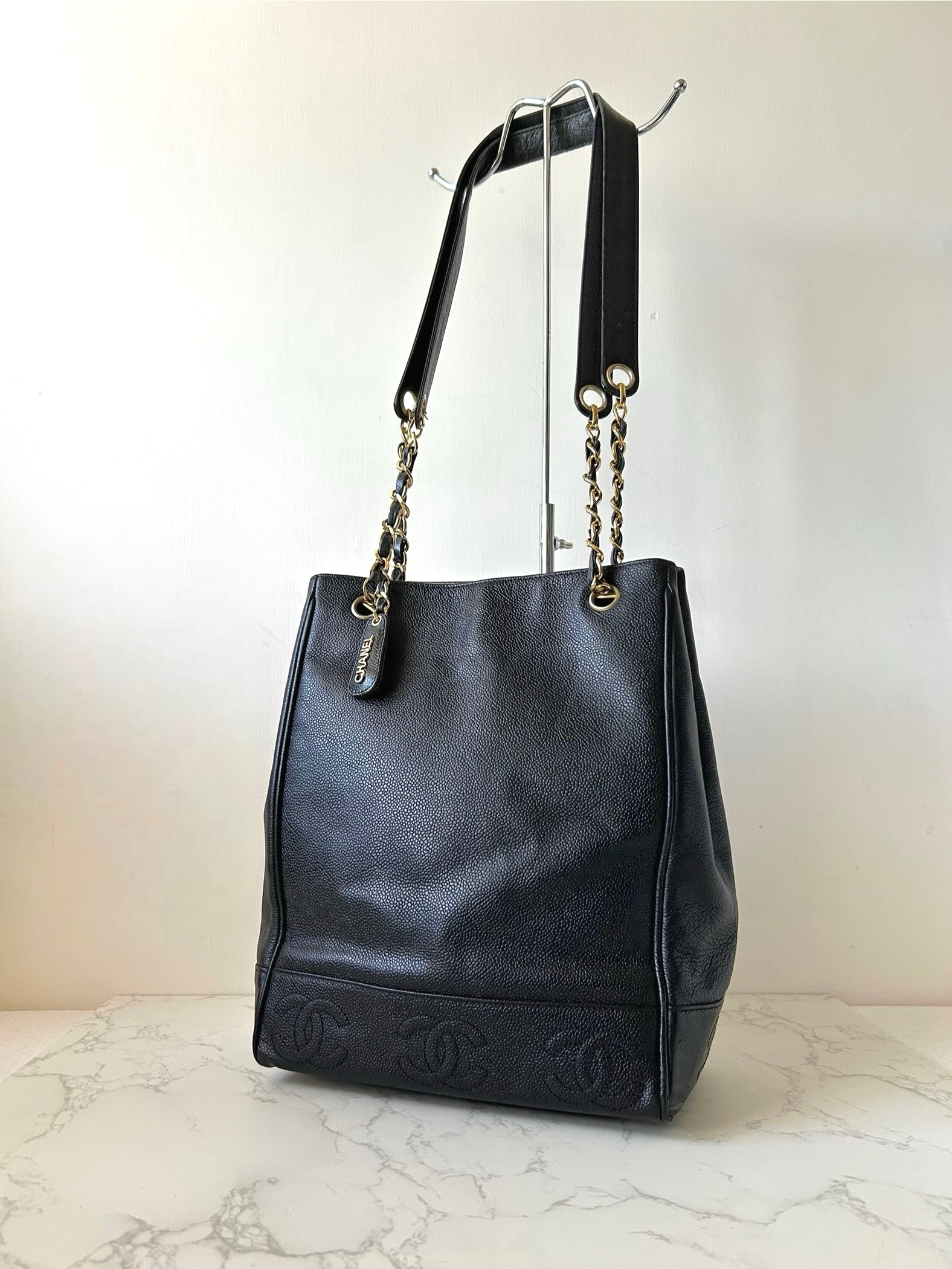 CHANEL black caviar leather chain tote bag / side bag