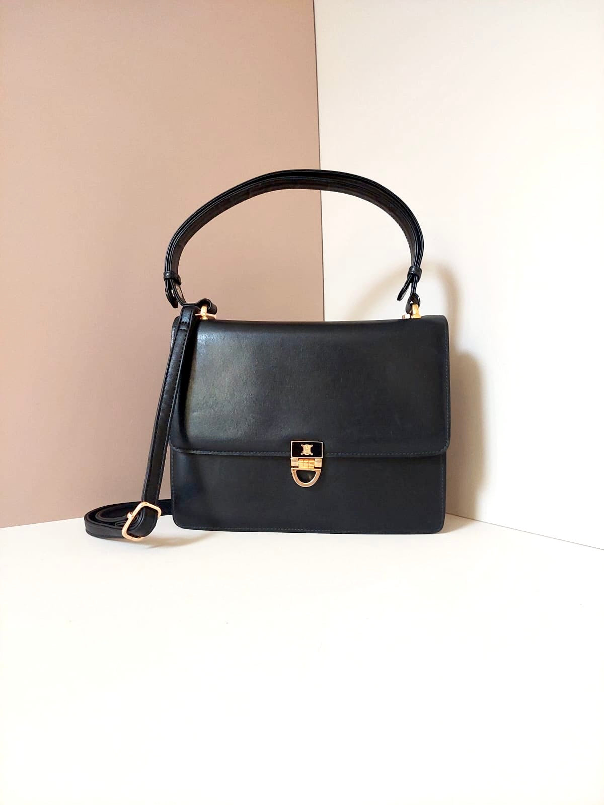 CELINE Rare Black Arc de Triomphe Kelly Leather Side Bag/Messenger Bag/Handbag