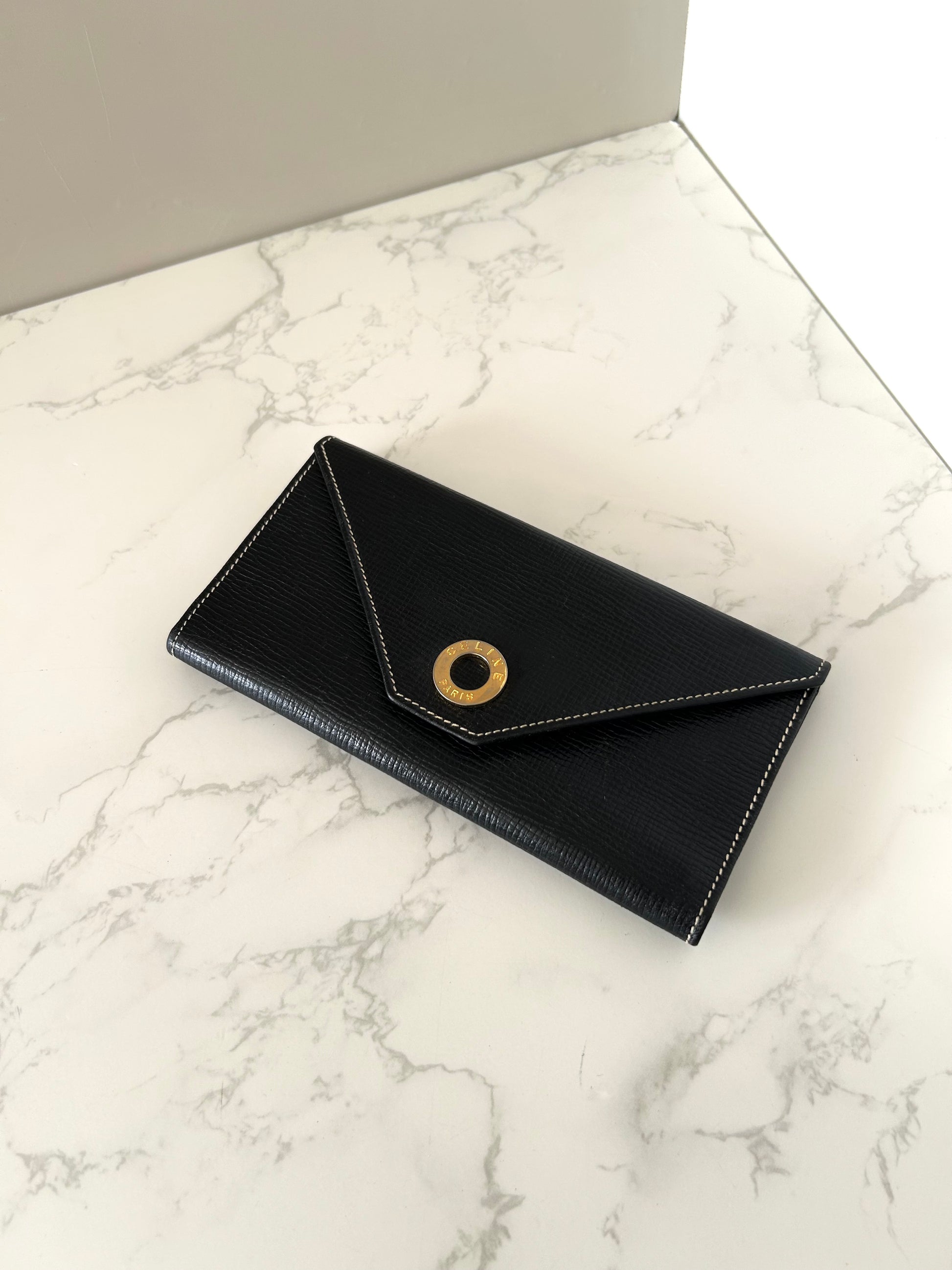 CELINE black gold ring leather long wallet / wallet