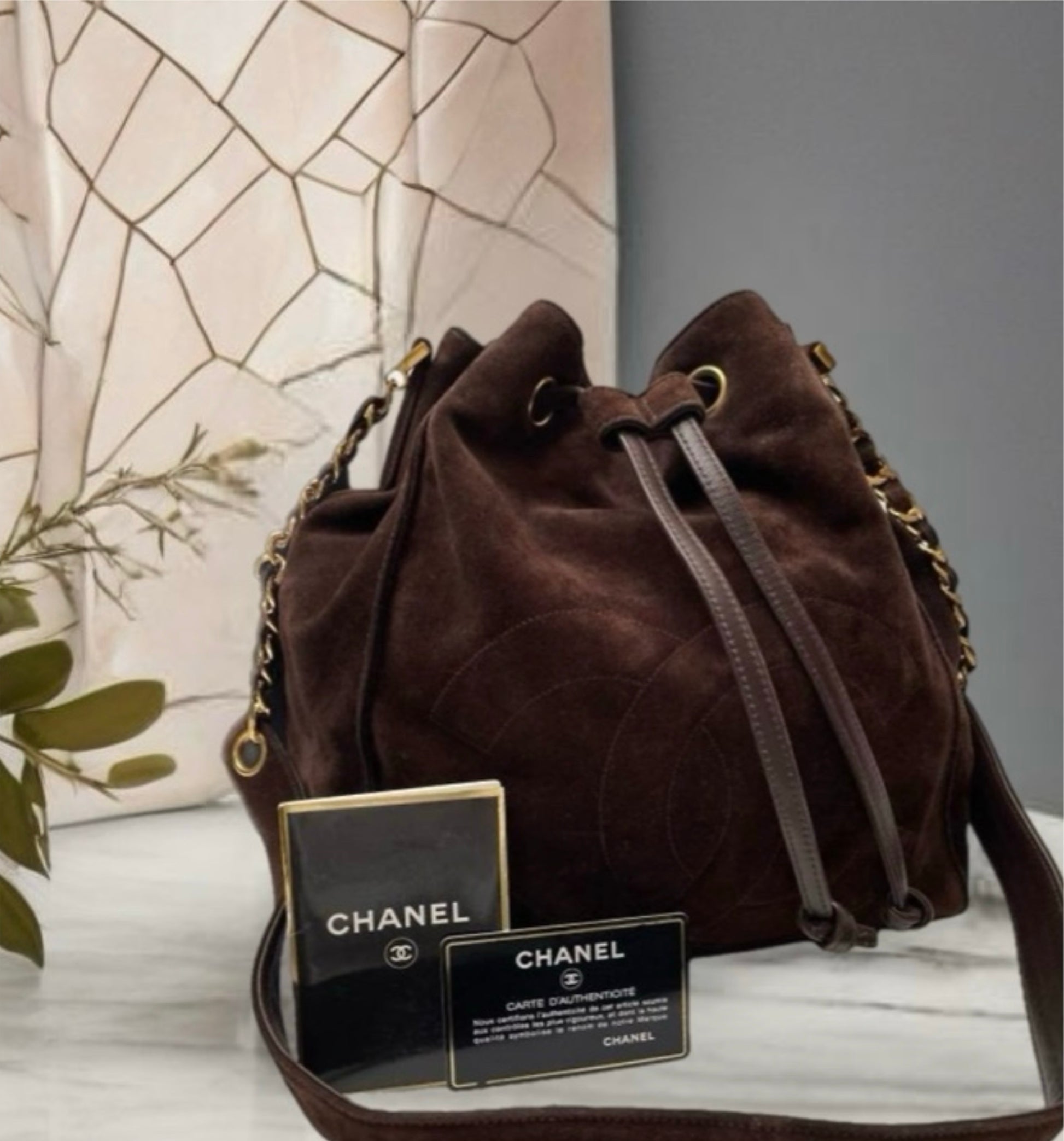 CHANEL complete accessories • Rare brown leather gold chain drawstring small bucket/side bag