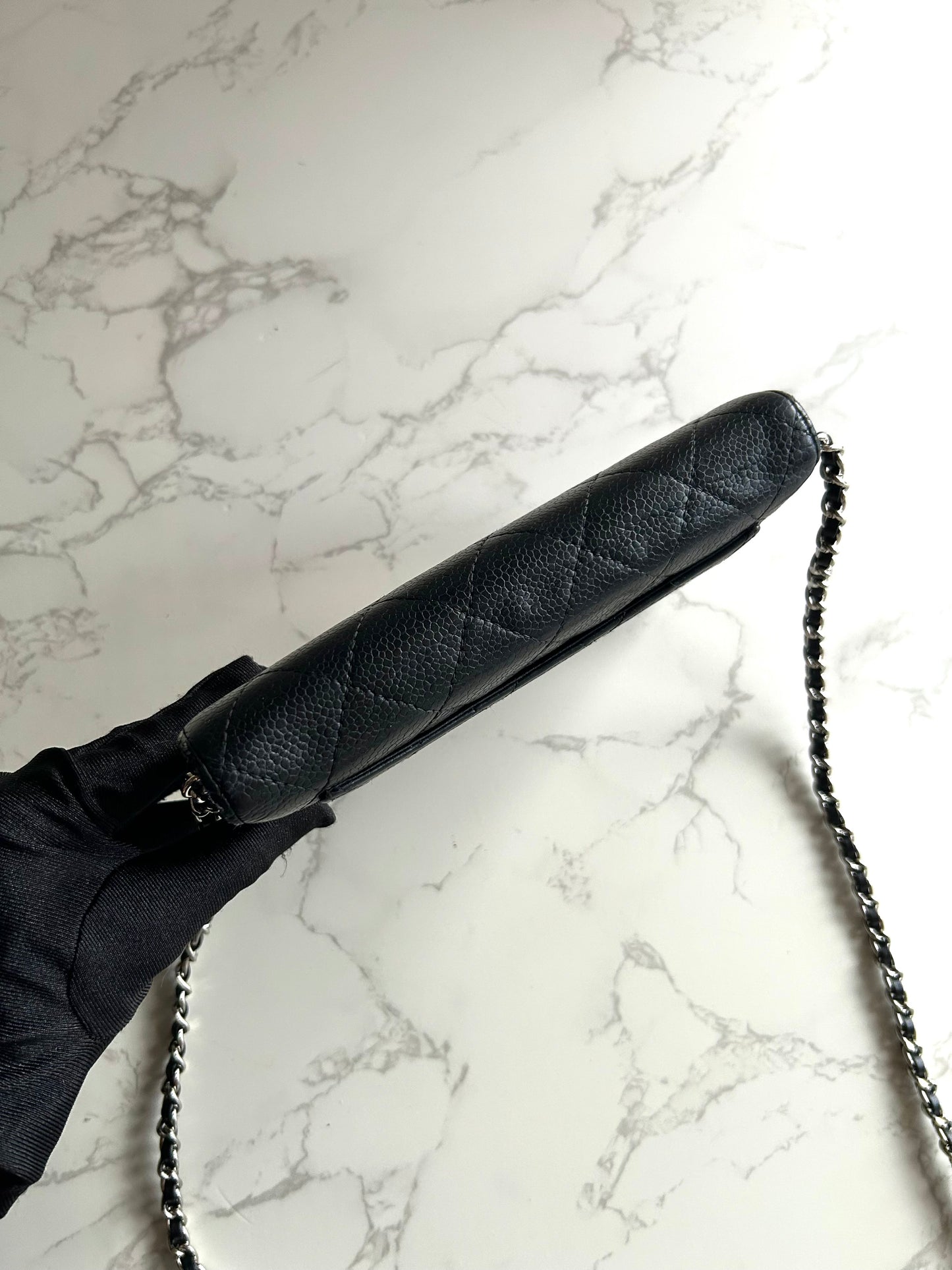 CHANEL 黑色魚子醬皮革長夾錢包/鏈條側背包/斜背包 - 日本中古二手Vintage