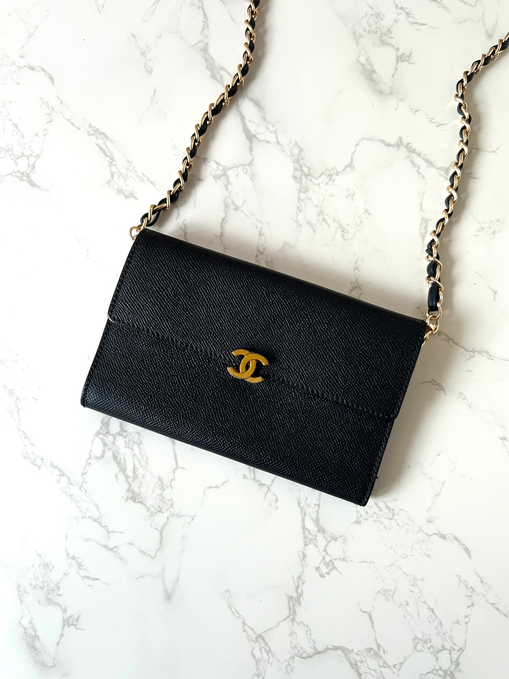 CHANEL Black Gold Caviar Leather Side Bag/Messenger Bag/Long Clip/Wallet