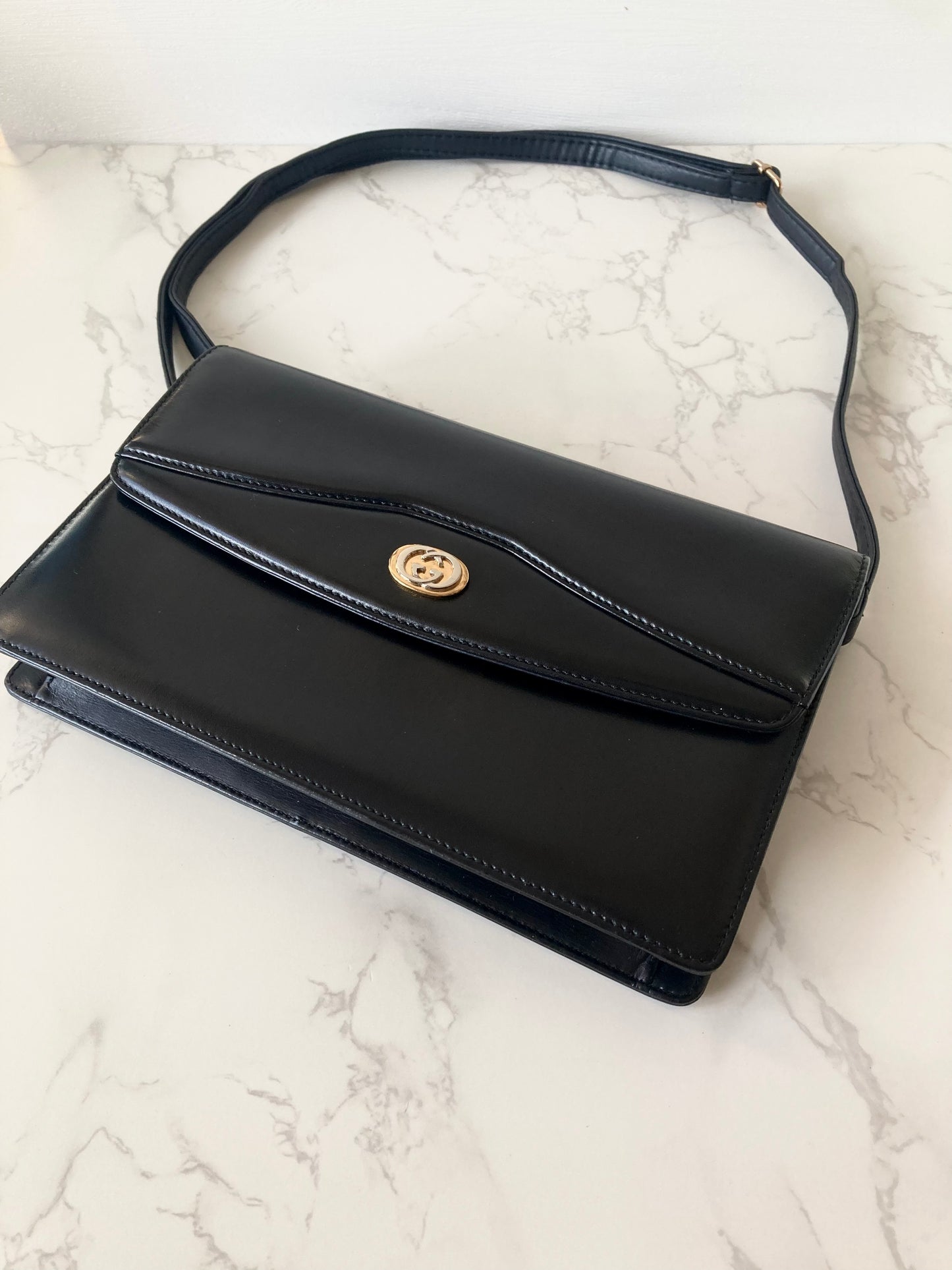 GUCCI Black x Gold Calf Leather Envelope Crossbody Bag