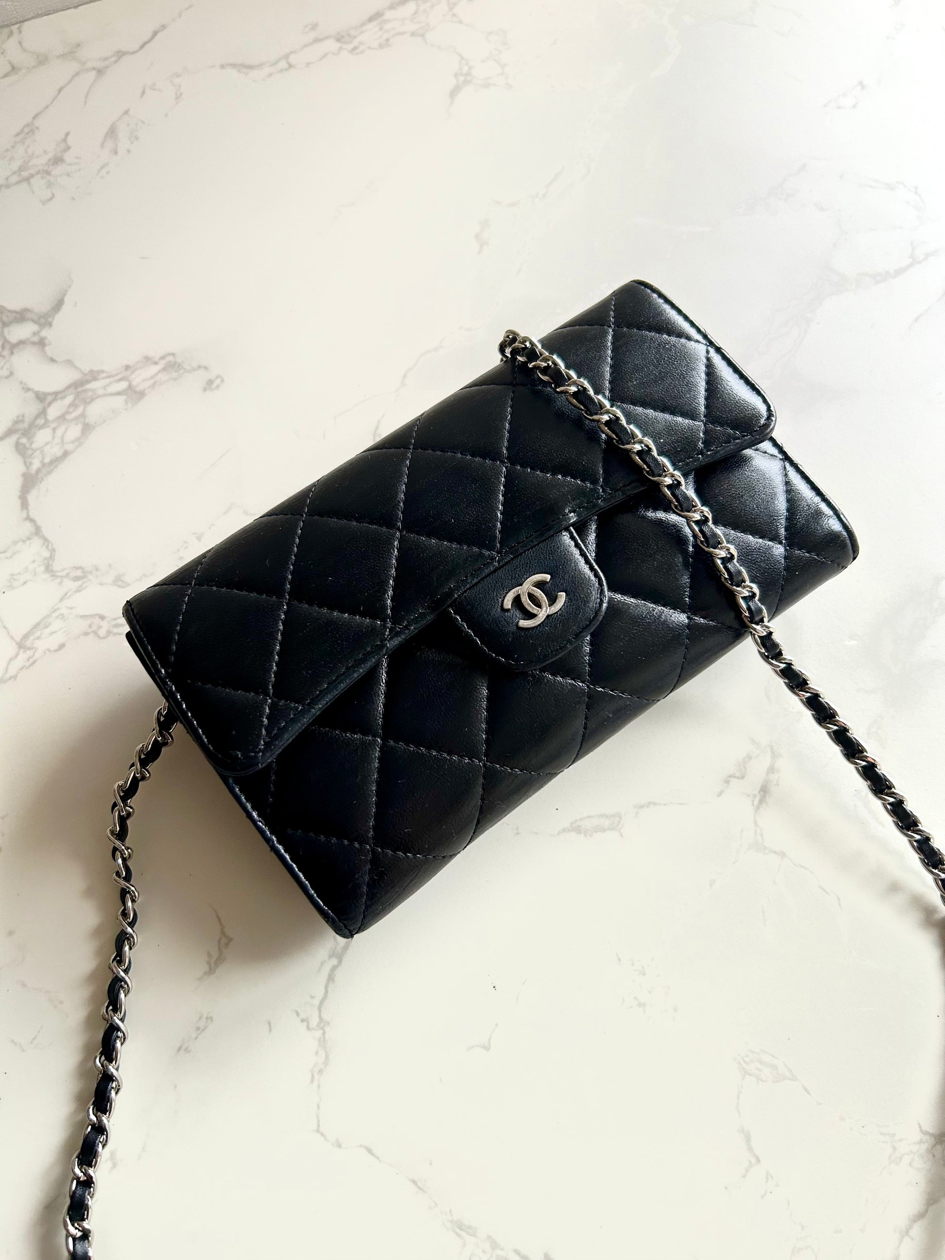 CHANEL Black Lambskin WOC Long Wallet / Side Bag / Crossbody Bag