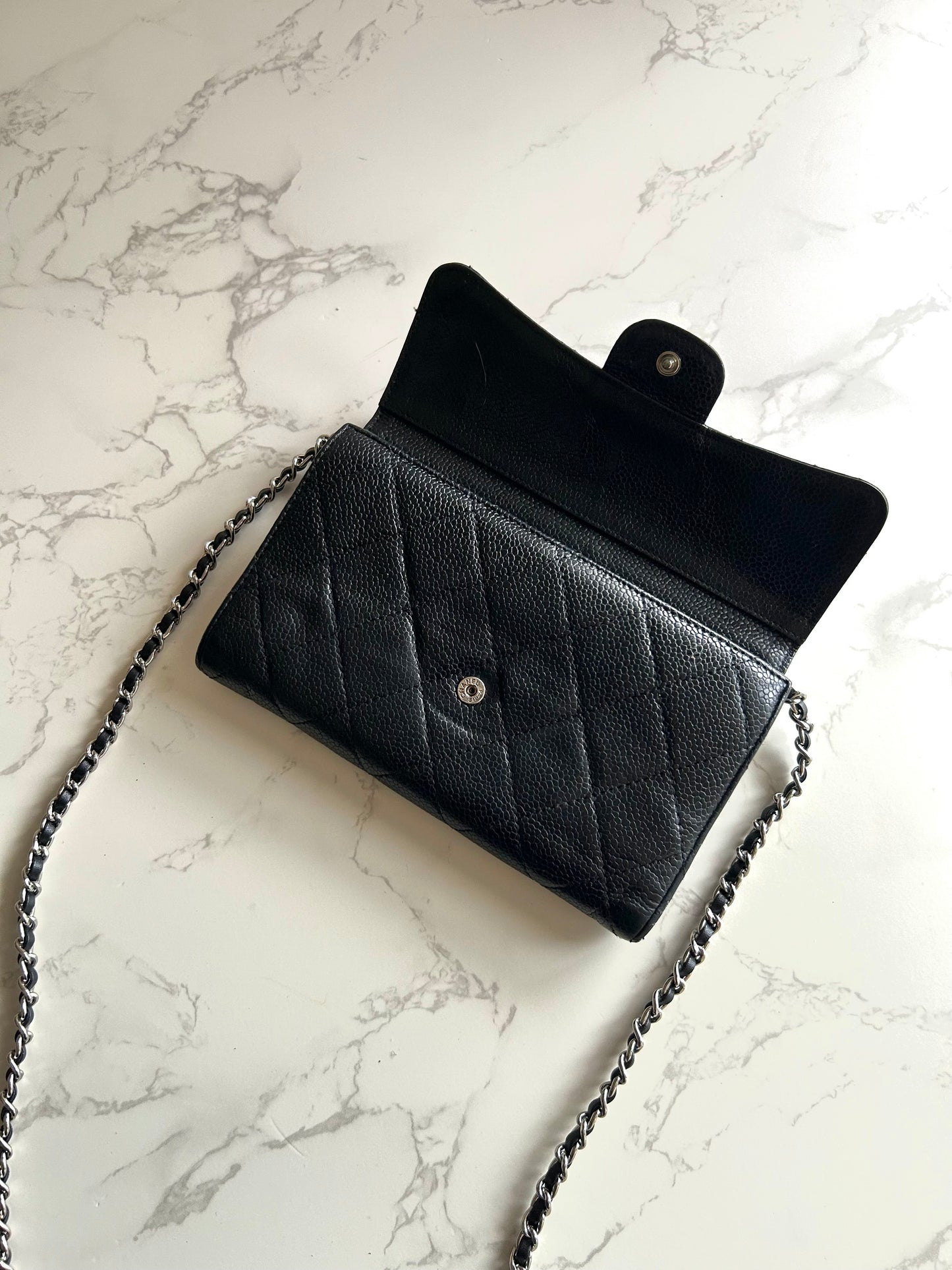 CHANEL 黑色魚子醬皮革長夾錢包/鏈條側背包/斜背包 - 日本中古二手Vintage