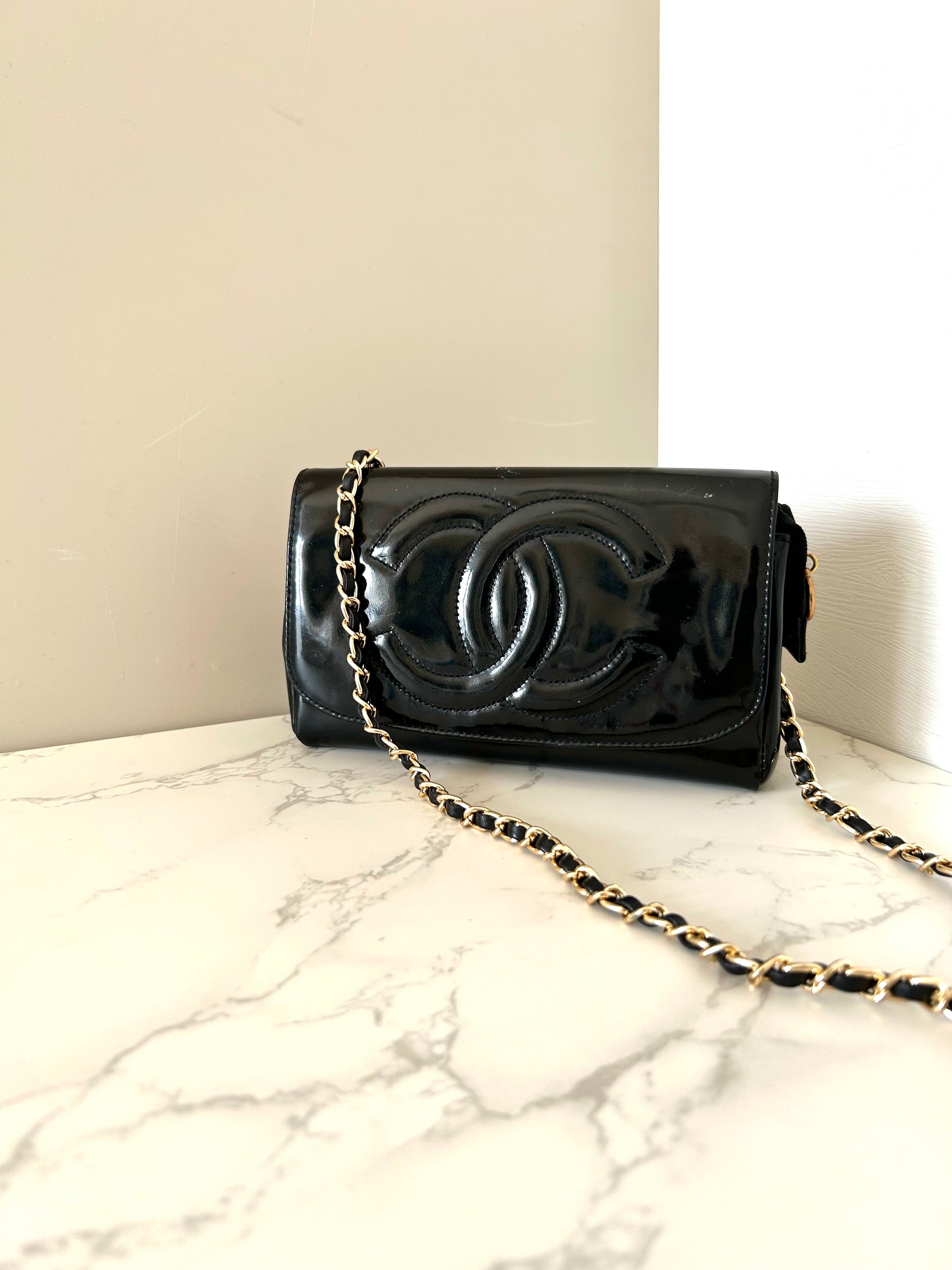 CHANEL Rare Black Patent Leather WOC with Mirror / Side Bag / Crossbody Bag
