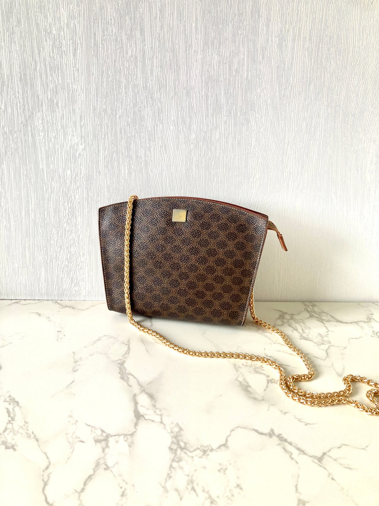 CELINE Rare Brown Macadam Shell Shaped Mini Two-way Pouch / Crossbody Bag