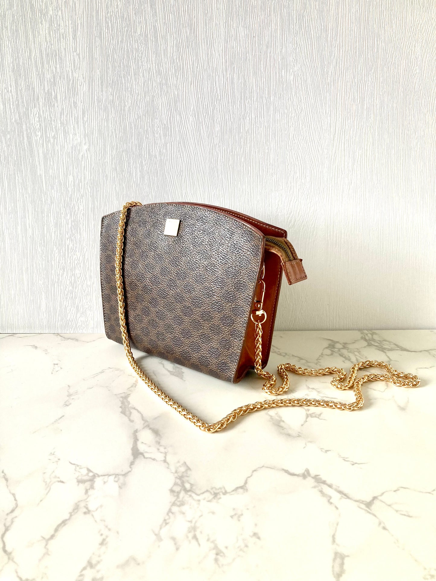CELINE Rare Brown Macadam Shell Shaped Mini Two-way Pouch / Crossbody Bag