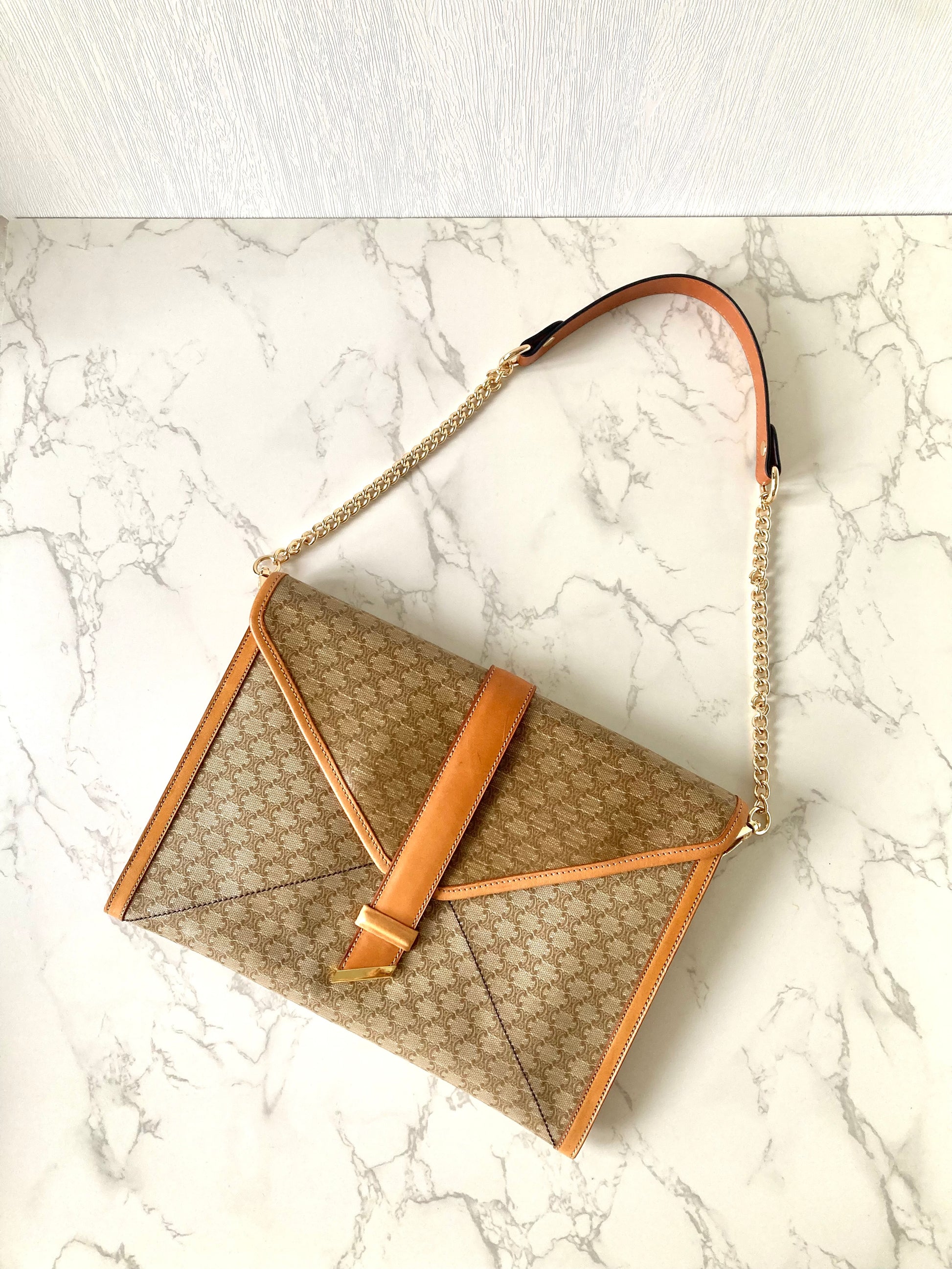CELINE Beige Monogram Macadam Envelope Two-way Shoulder or Crossbody Bag / Clutch