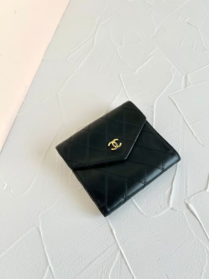 中古二手Chanel雙面小羊皮革黑色短夾小銀包零錢手袋