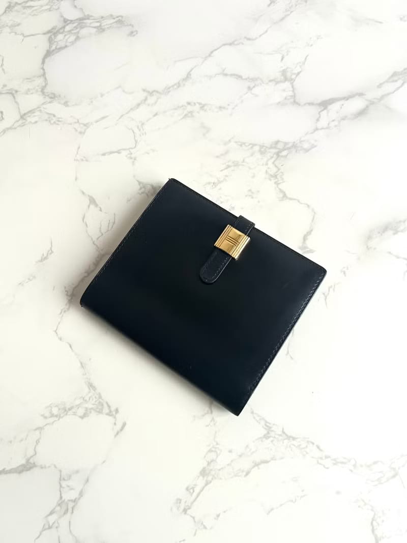 Hermes Saumur Diane復古黑色金扣皮革古董短夾錢包
