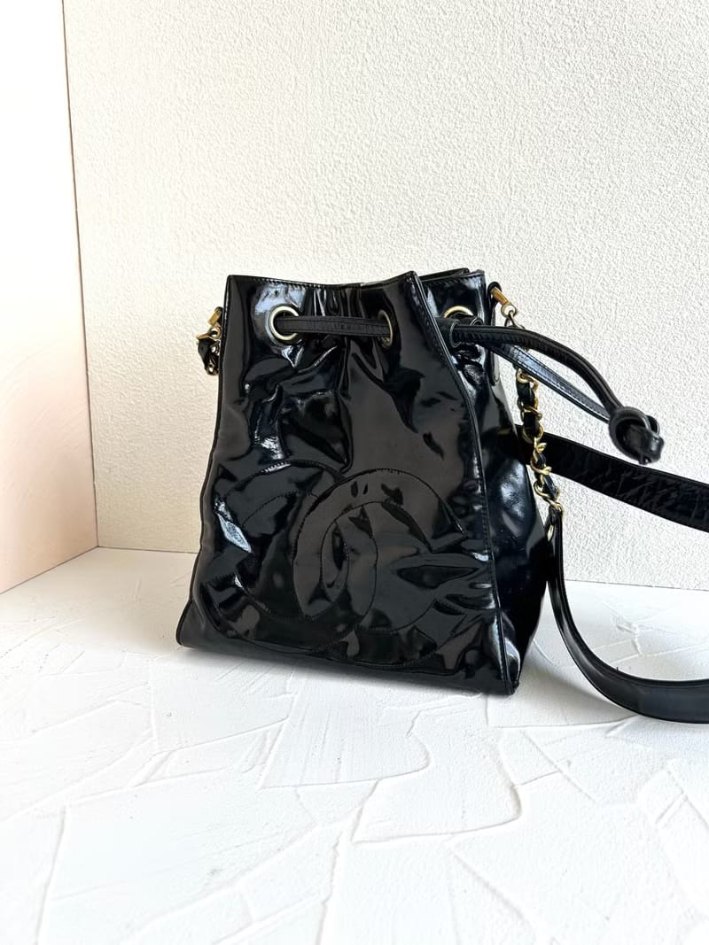 中古二手Chanel黑色漆皮皮革水桶親子小包單肩包/側背包/斜背包