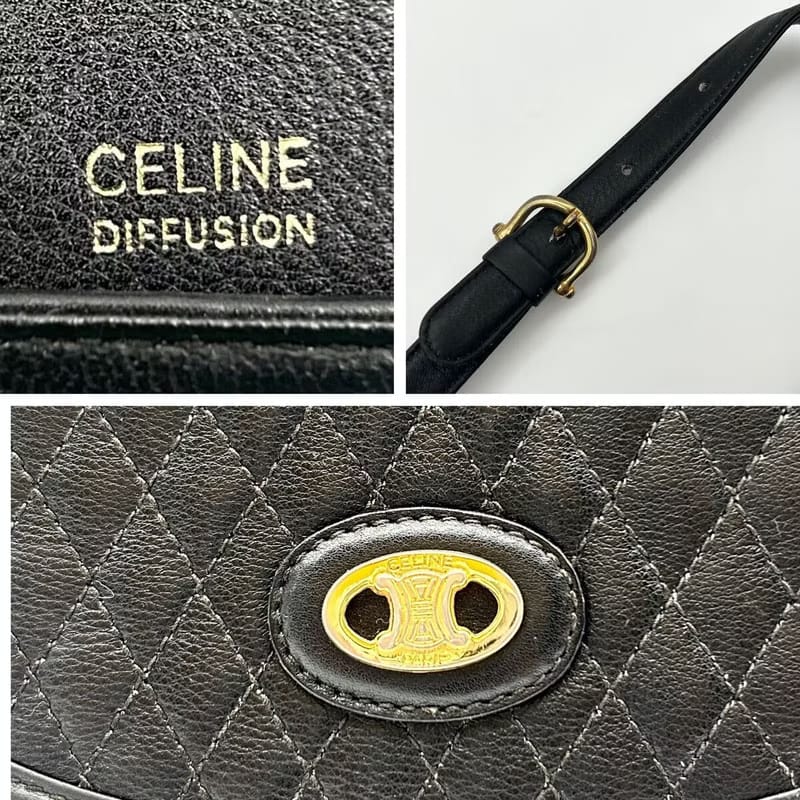 Celine黑色凱旋門馬鞍包皮革單肩包/側背包/斜背包
