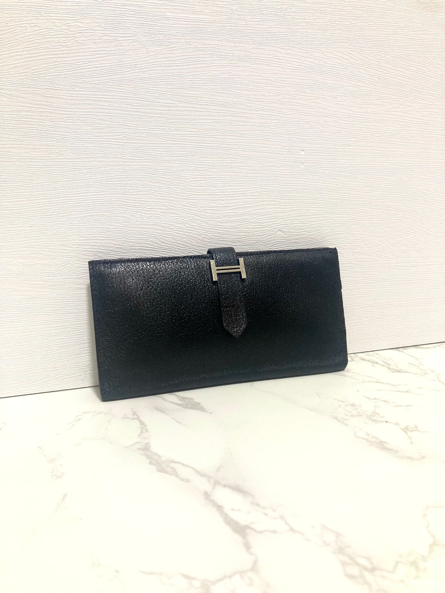 HERMES Black x Silver with Purple Interior Bi-fold Bearn Wallet