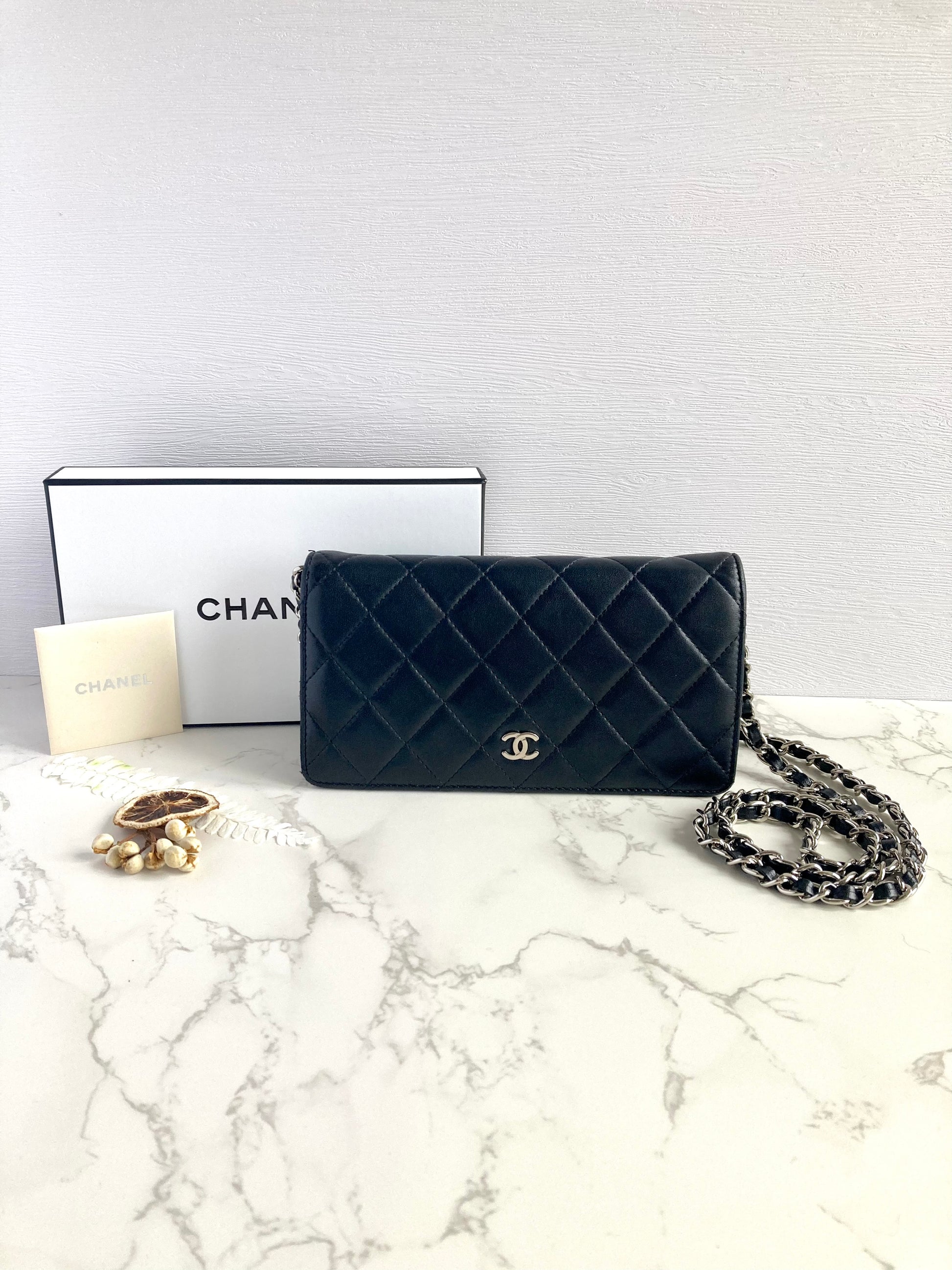 CHANEL Classic Lamb Skin Flap Wallet / Wallet-on-chain WOC – Silver CC Logo (With Add-on Chain)